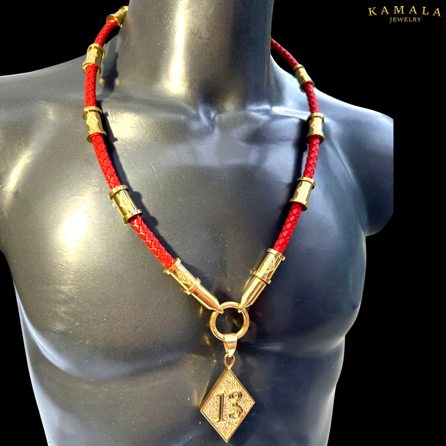 13 Exklusive Halskette - Rote Leder & Gold