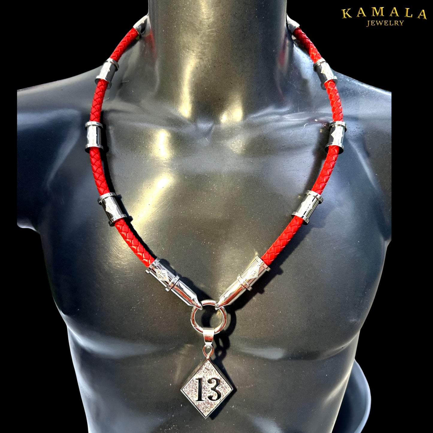 13 Exklusive Leder Halskette - Rot & Silber