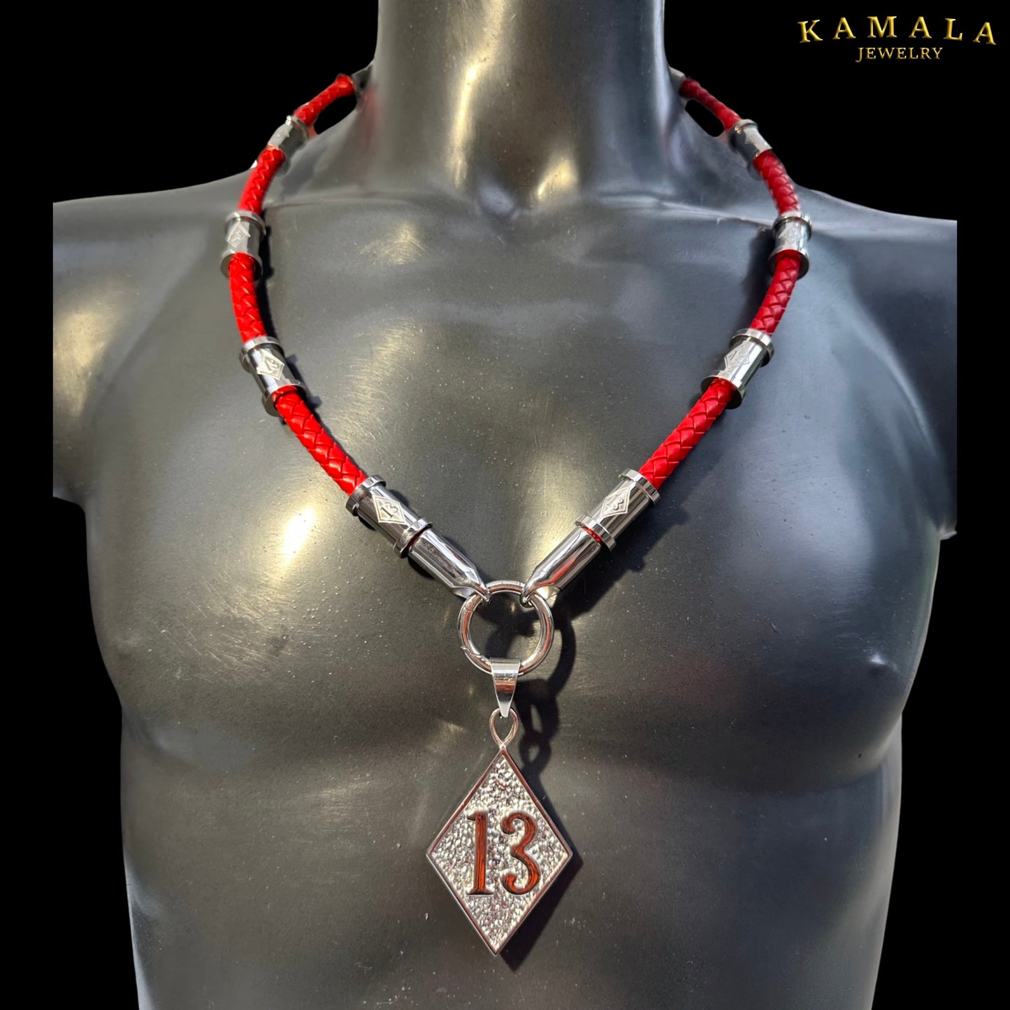 13 Exklusive Leder Halskette - Rot & Silber