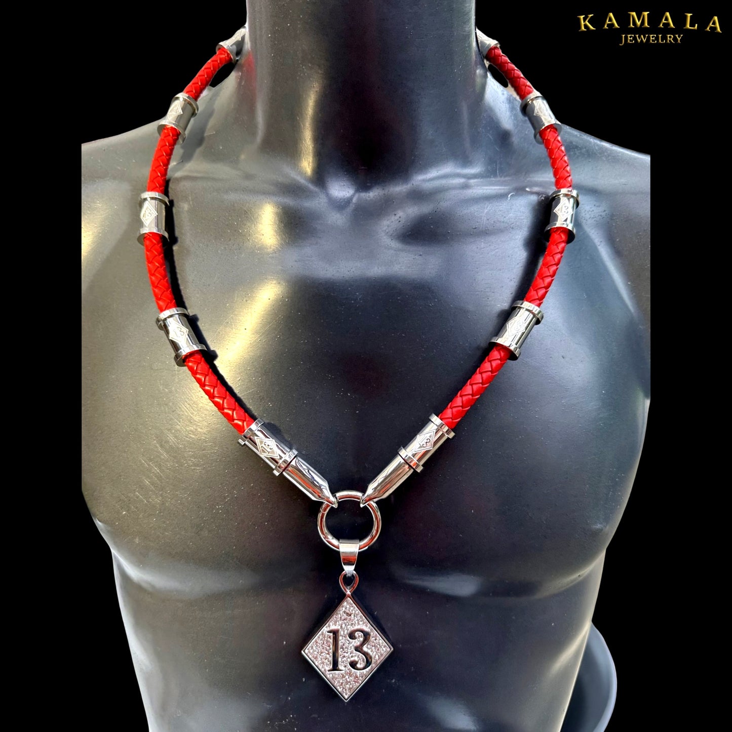 13 Exklusive Leder Halskette - Rot & Silber