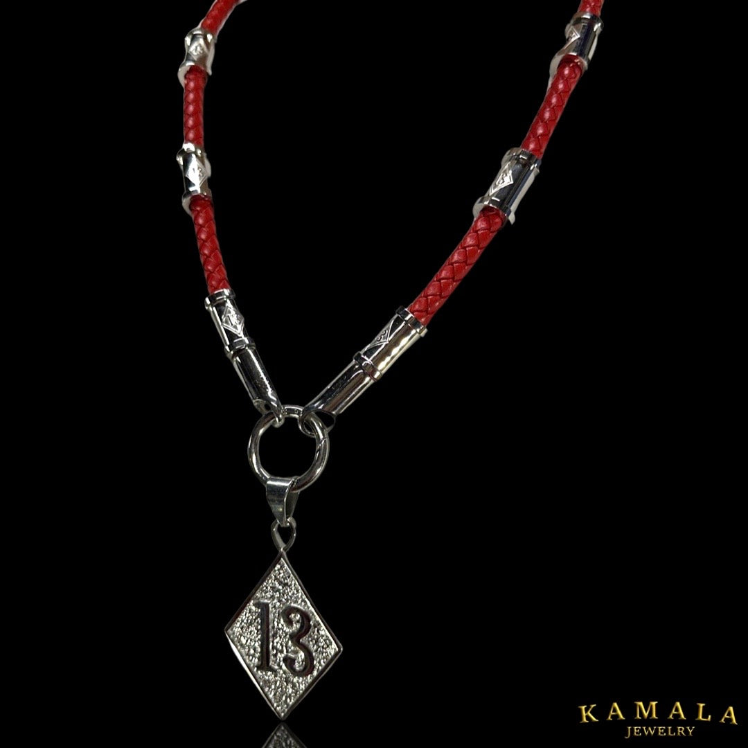 13 Exklusive Leder Halskette - Rot & Silber