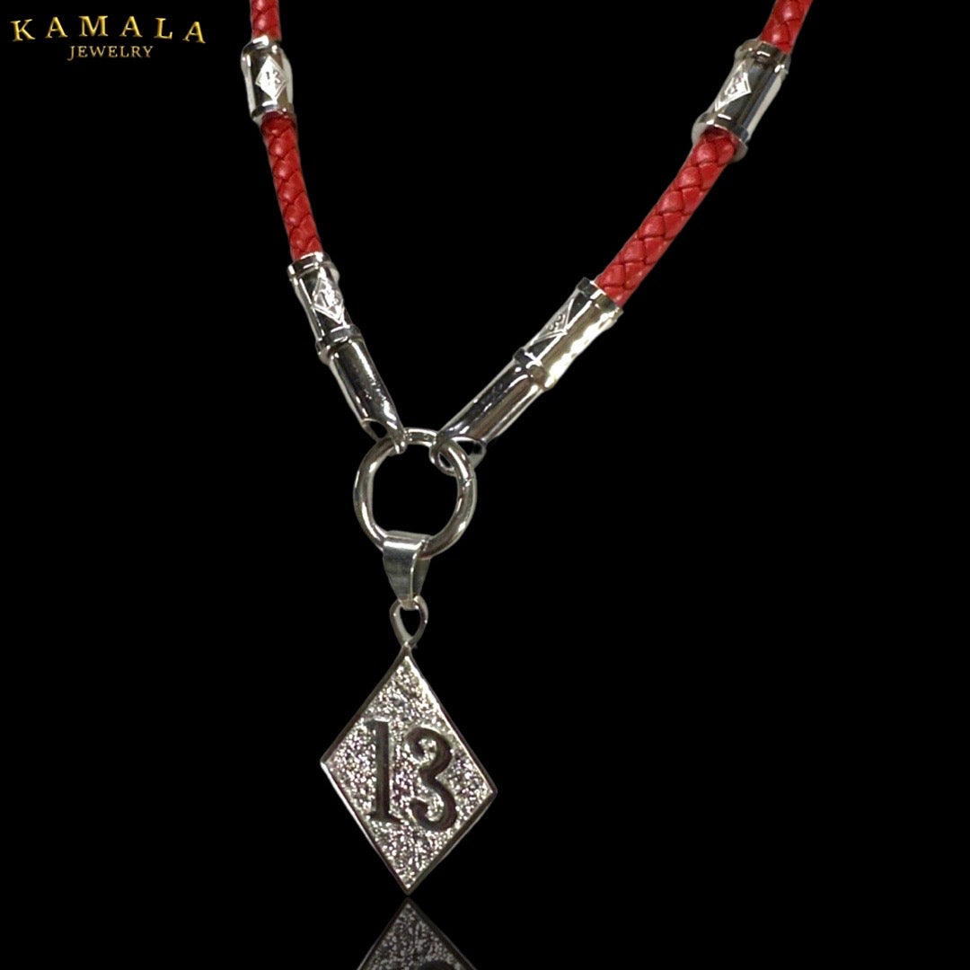 13 Exklusive Leder Halskette - Rot & Silber