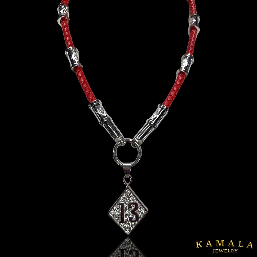 13 Exklusive Leder Halskette - Rot & Silber