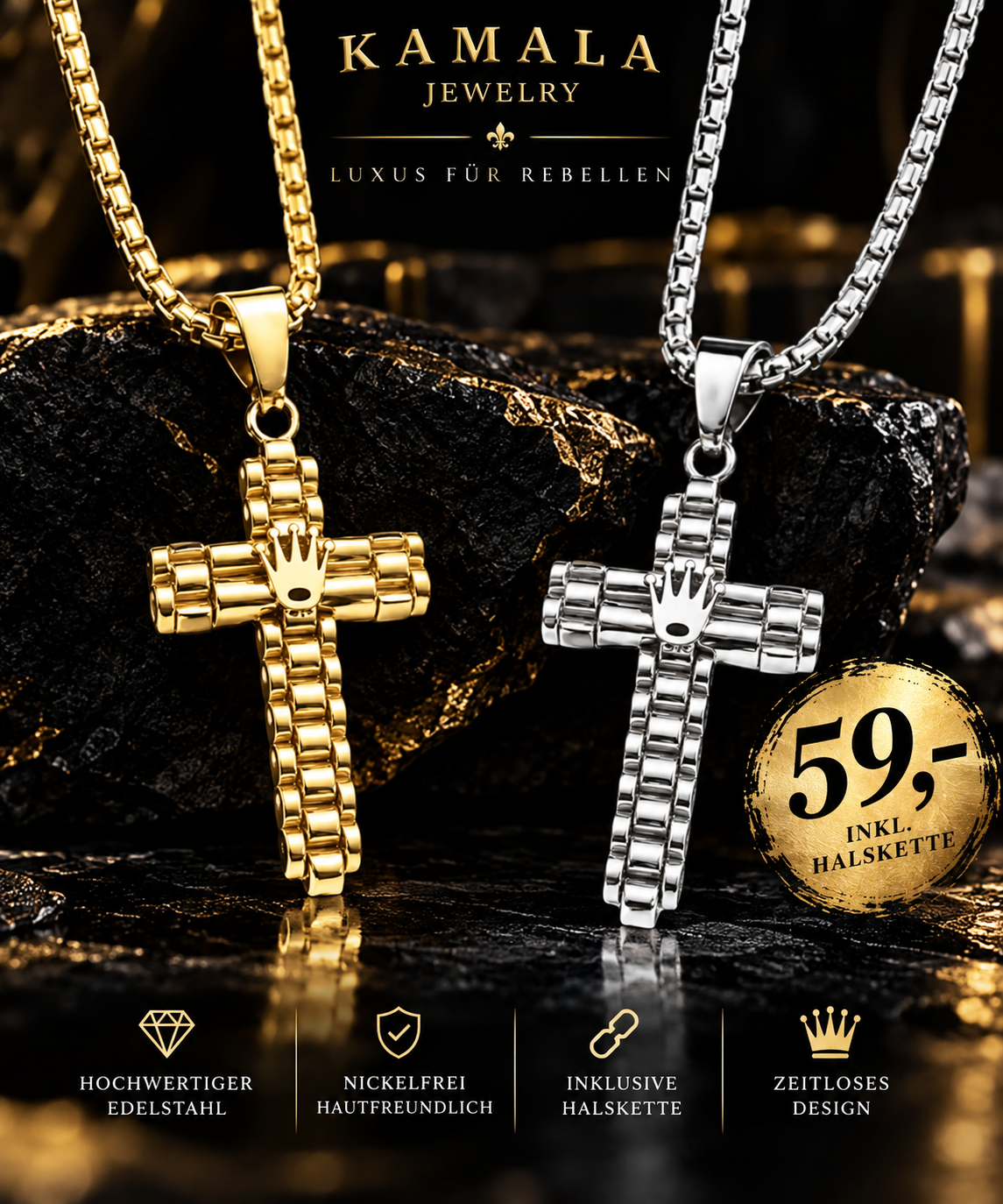 Royal Cross – Premium Halskette mit Kreuz & Krone | Gold oder Silber
