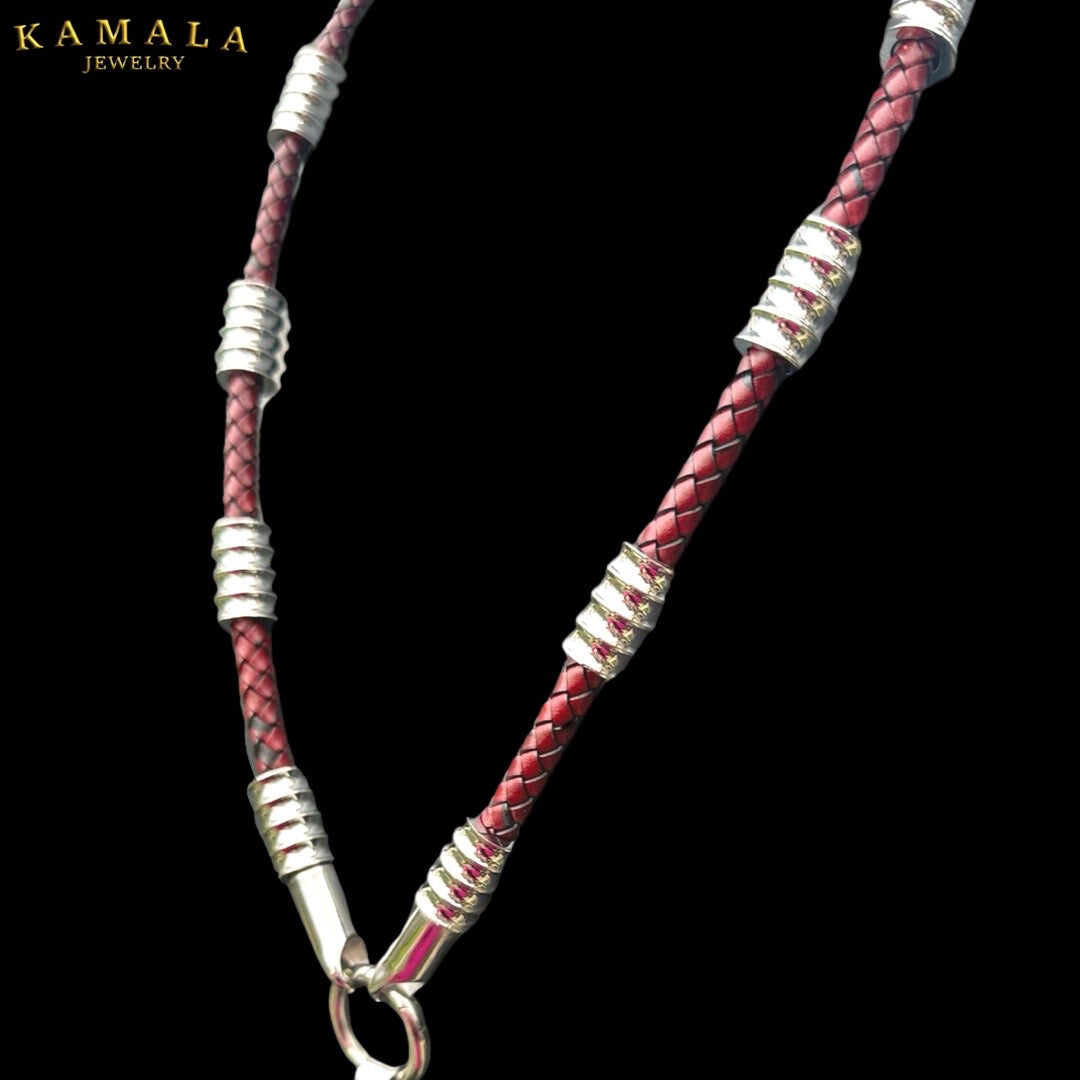 Dunkel Rote Leder Halskette mit Silber & Edelstahl - Gotti Silber
