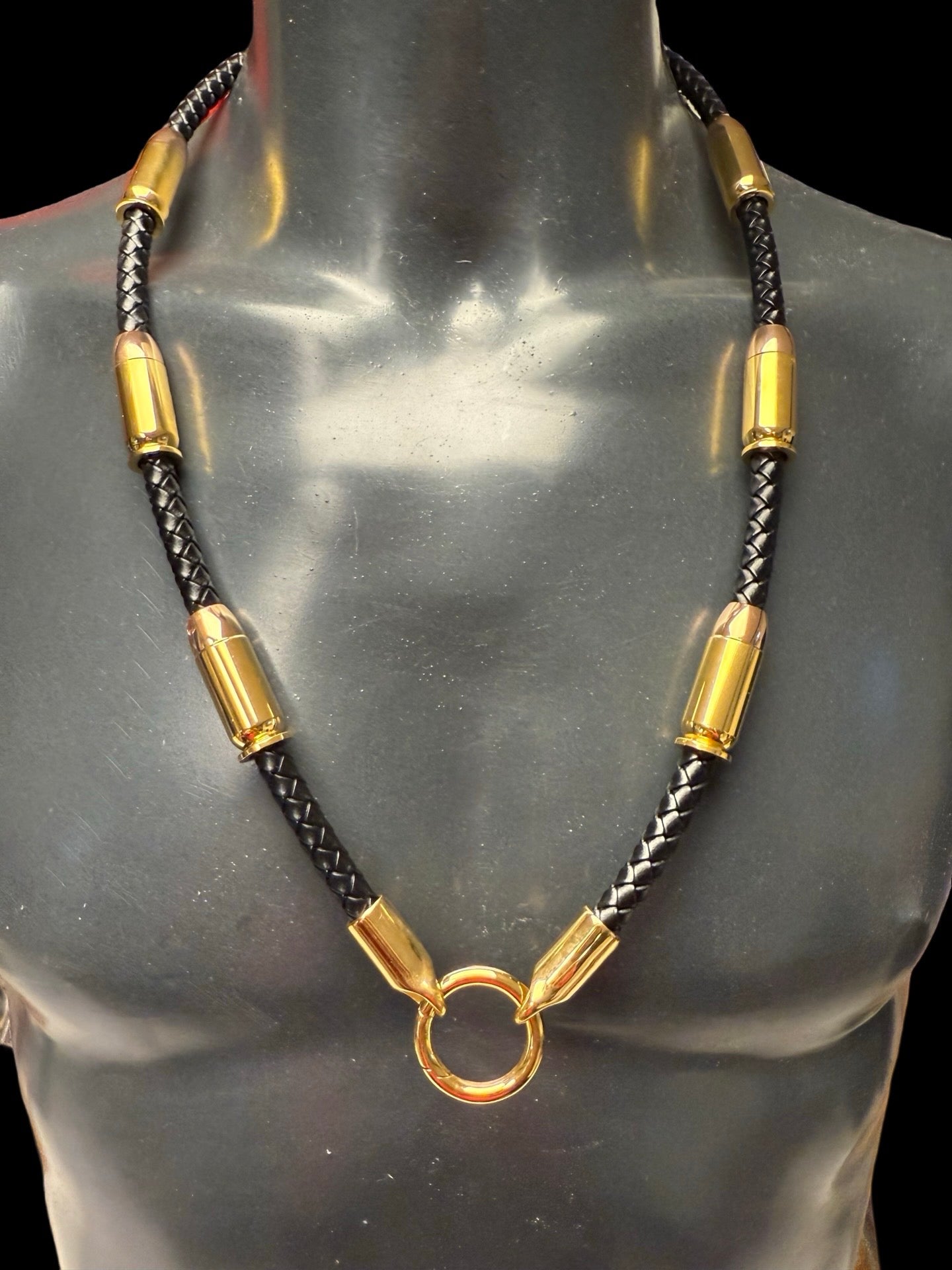 Exklusive Schwarze Leder Halskette - Mit Patronen - Gold & Roségold