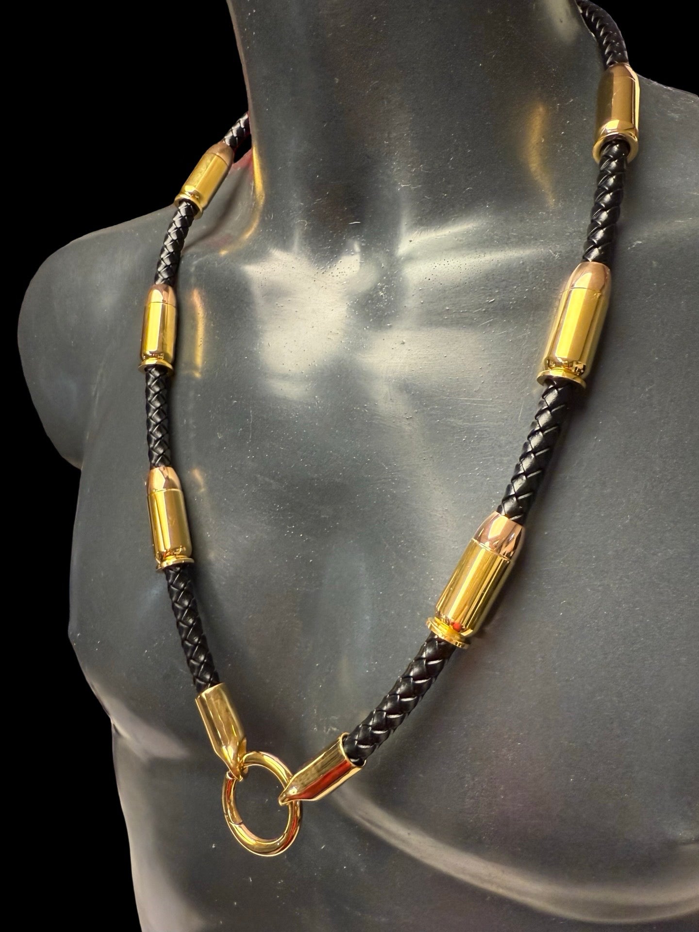 Exklusive Schwarze Leder Halskette - Mit Patronen - Gold & Roségold
