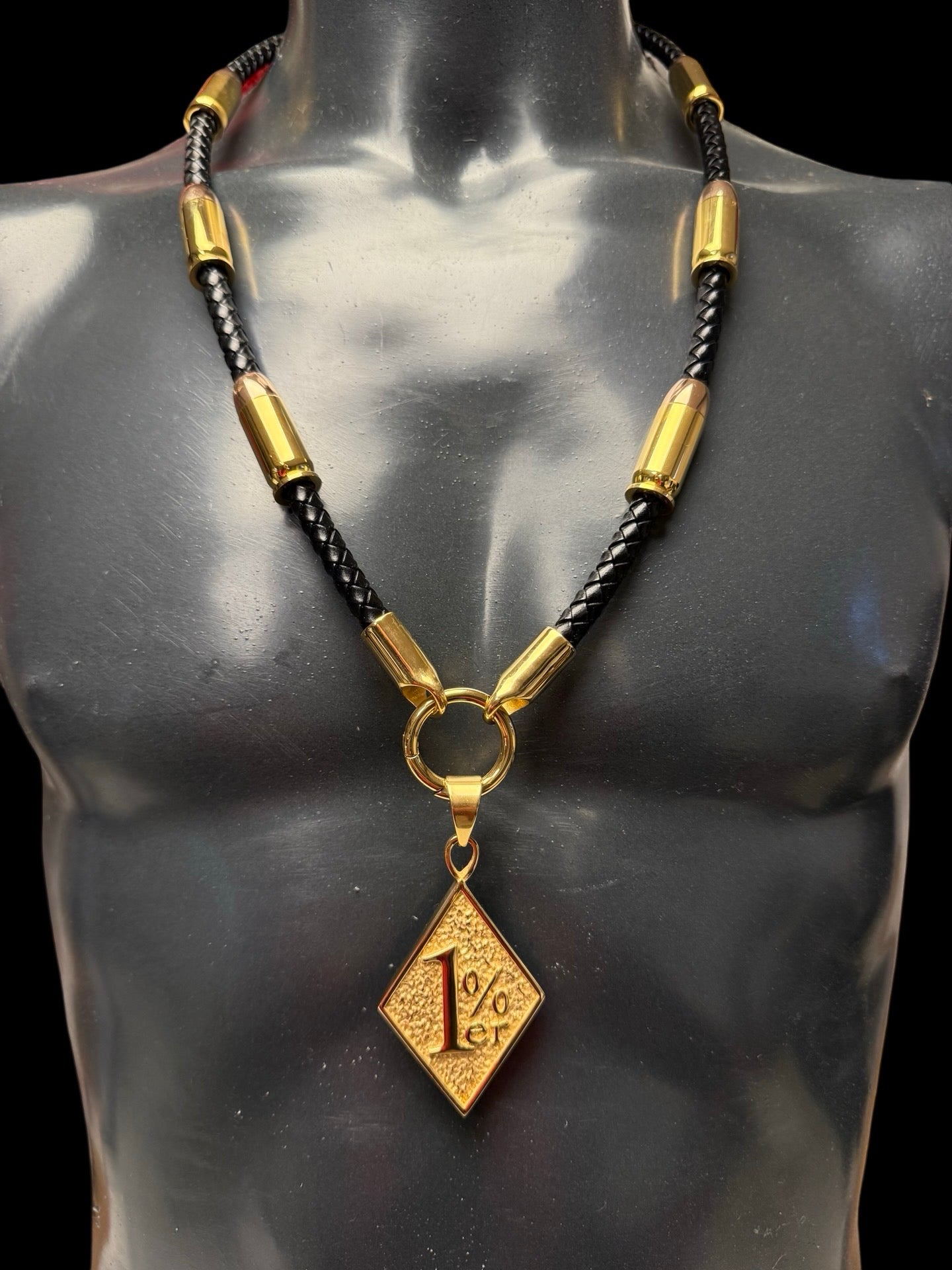 Exklusive Schwarze Leder Halskette - Mit Patronen - Gold & Roségold