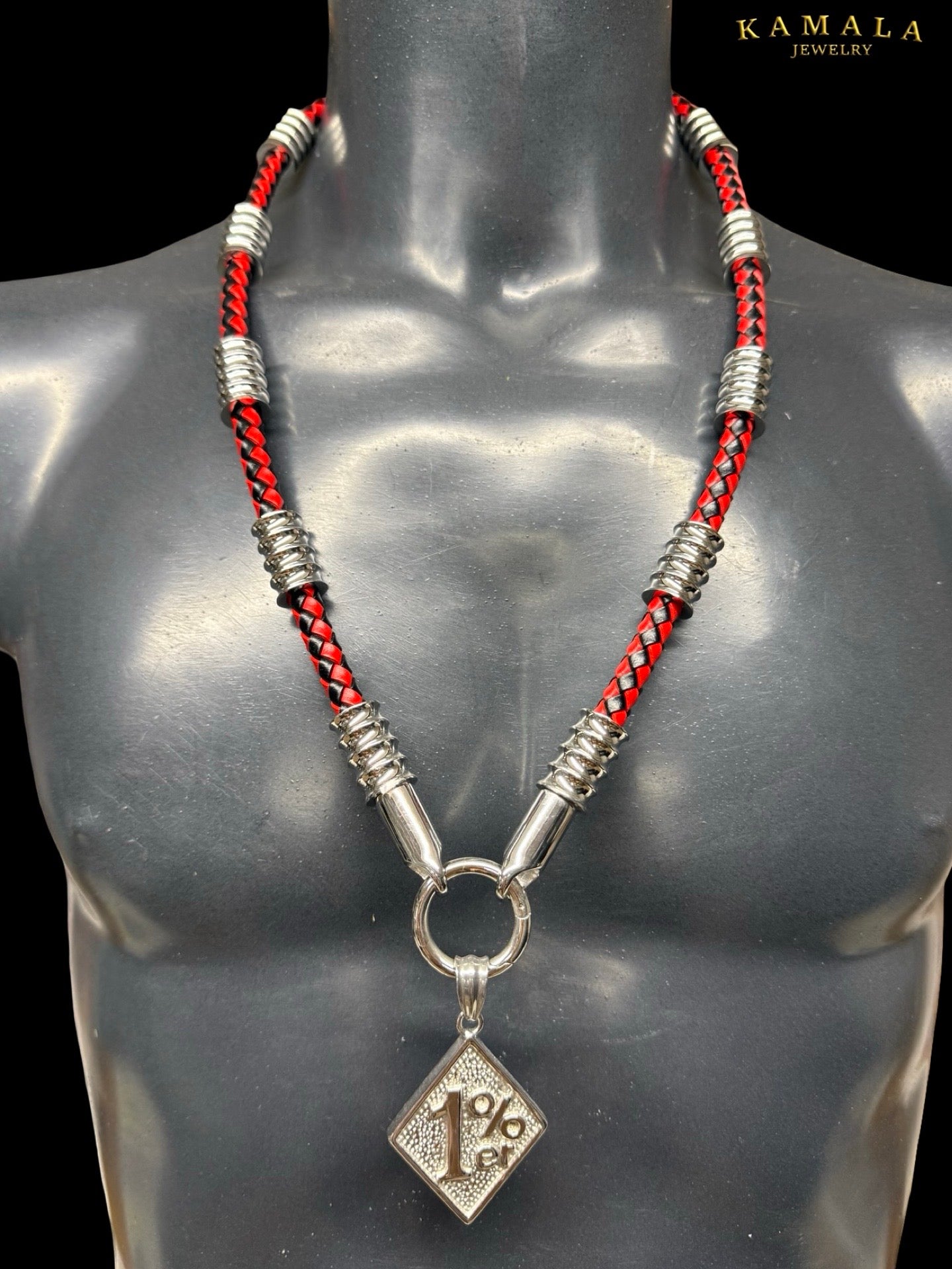 Halskette - Schwarz & Rot Leder mit Silber - OUTLET