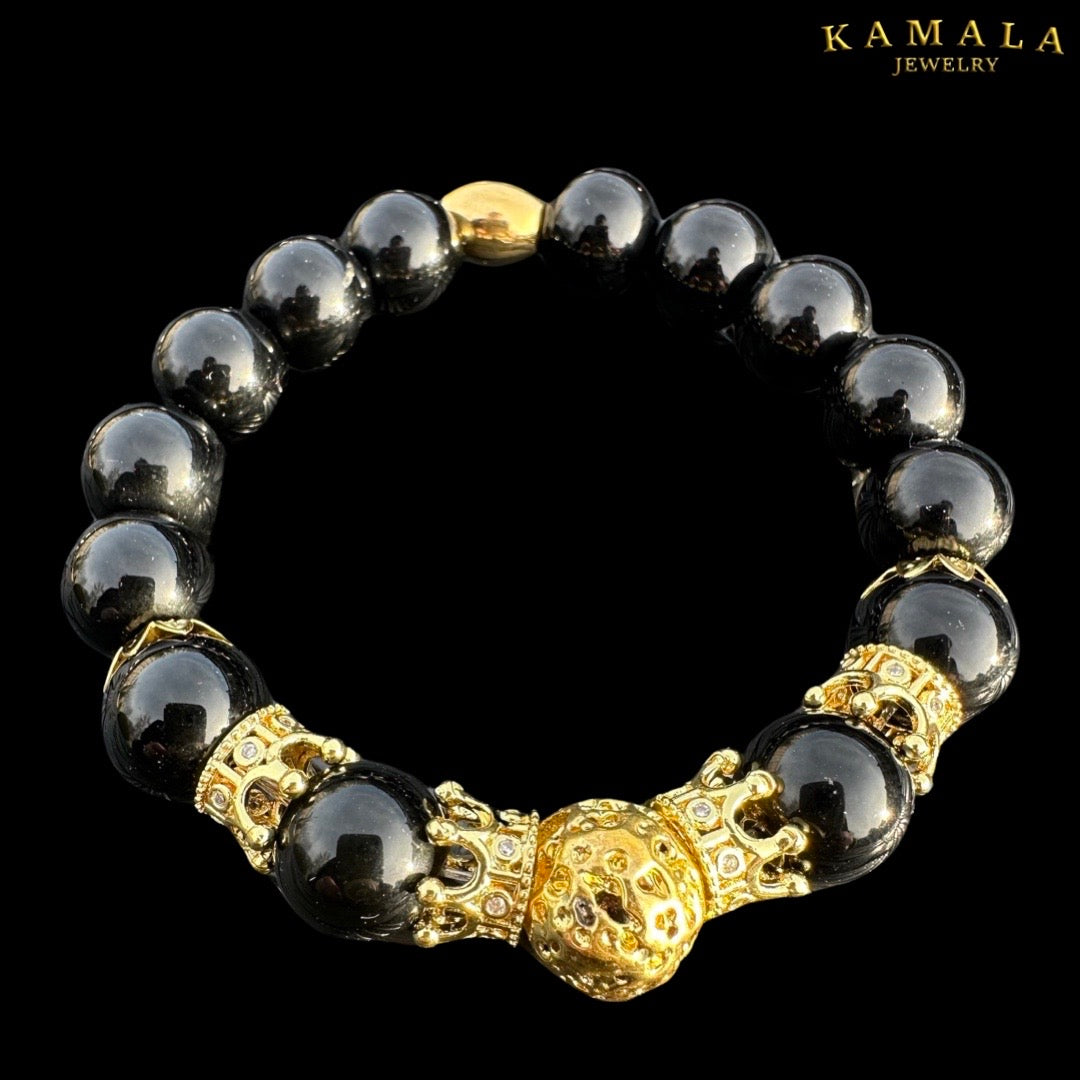 Omerta Armband - Onyx mit Gold und Kronen