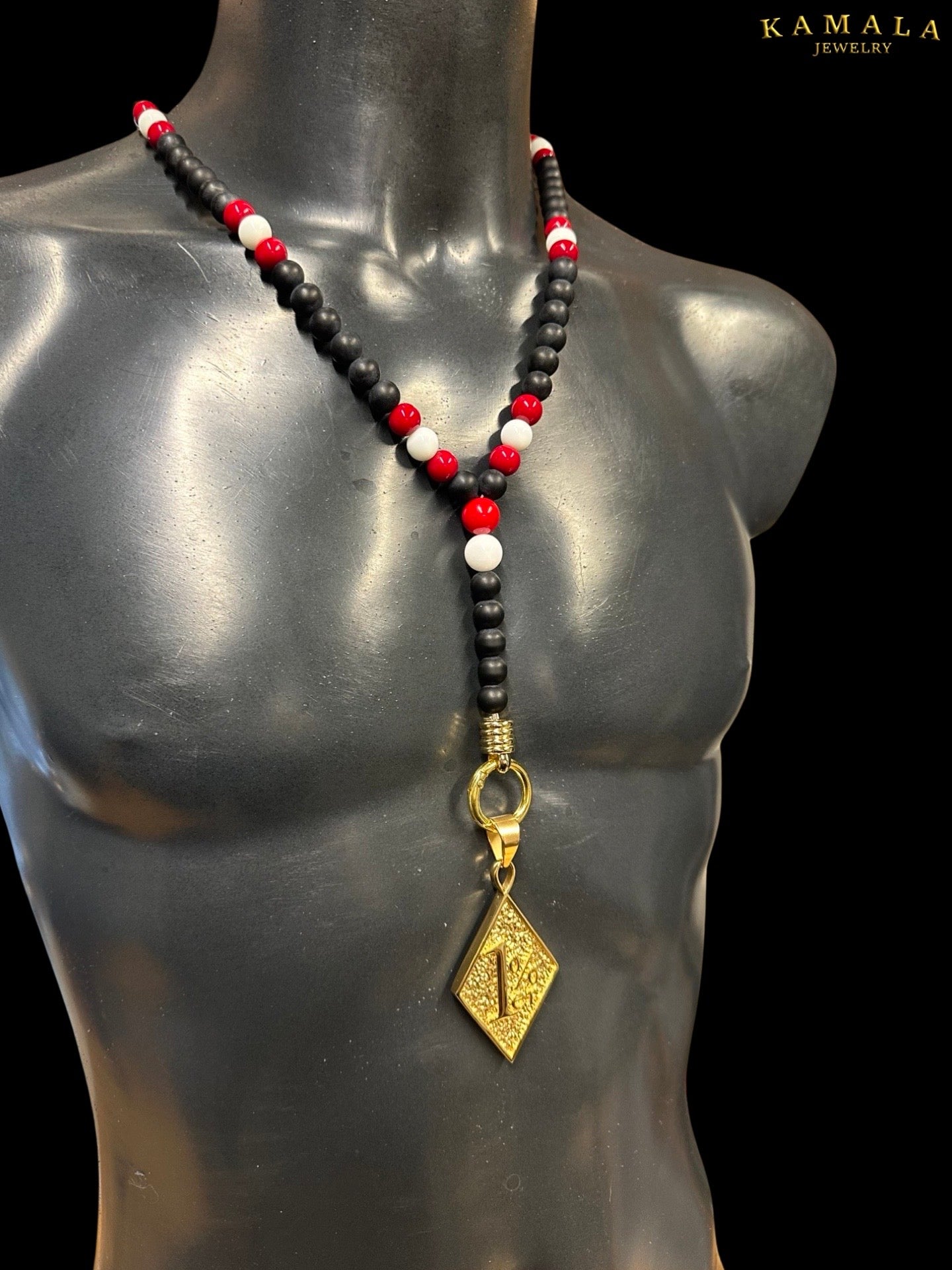 Y Halskette - Schwarz Onyx mit Rot & Weiss