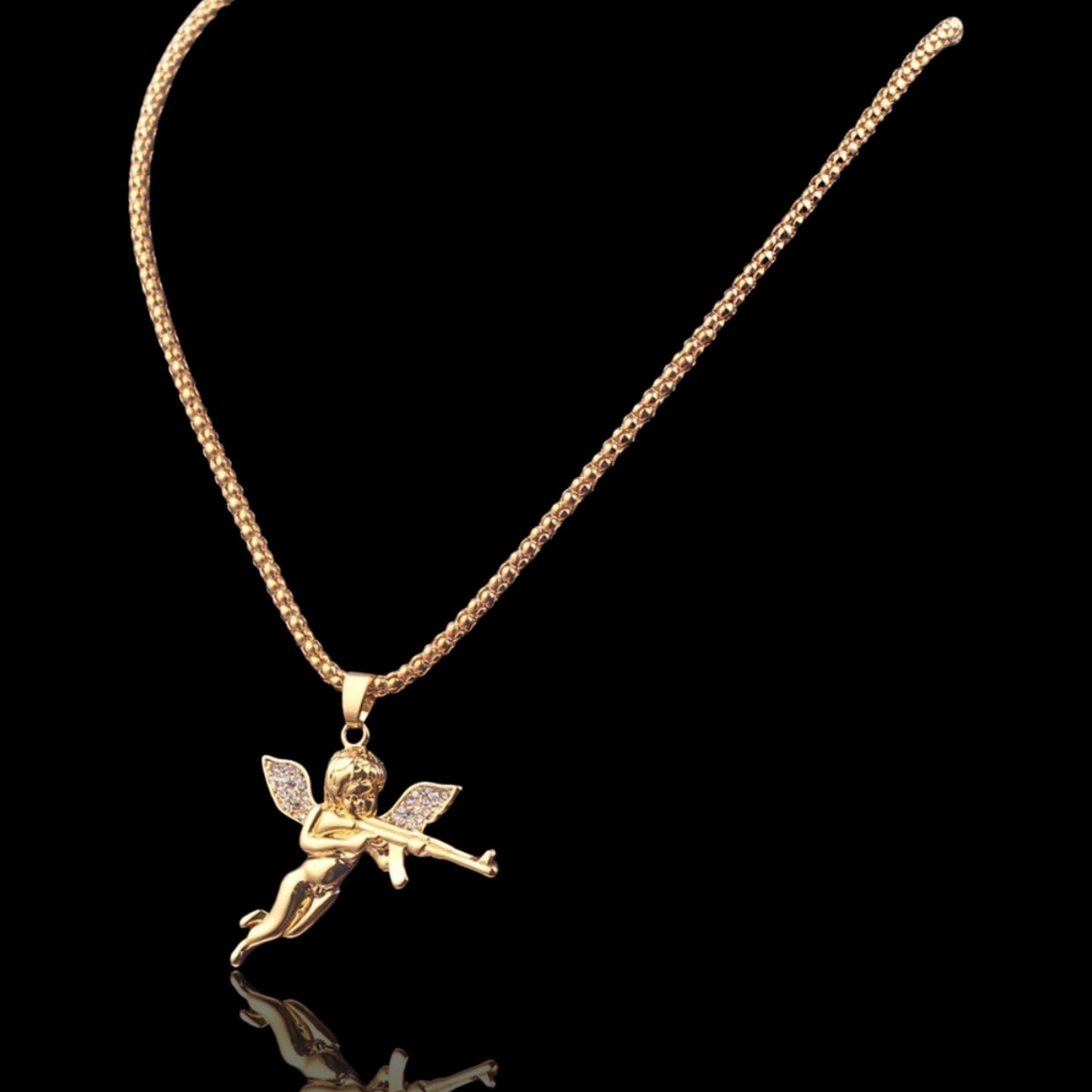 Engel mit AK47 Halskette - Gold & Rheinstones