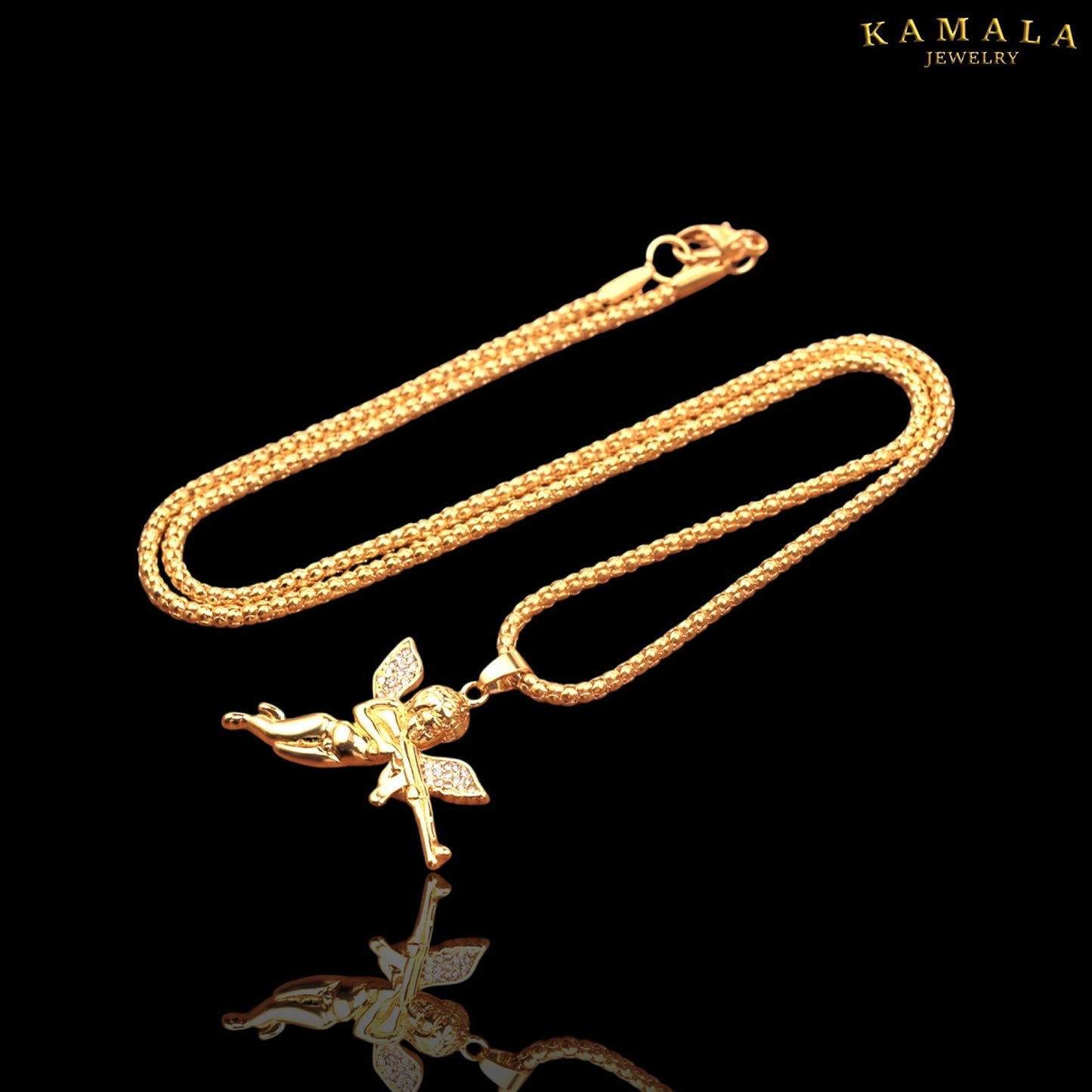 Engel mit AK47 Halskette - Gold & Rheinstones