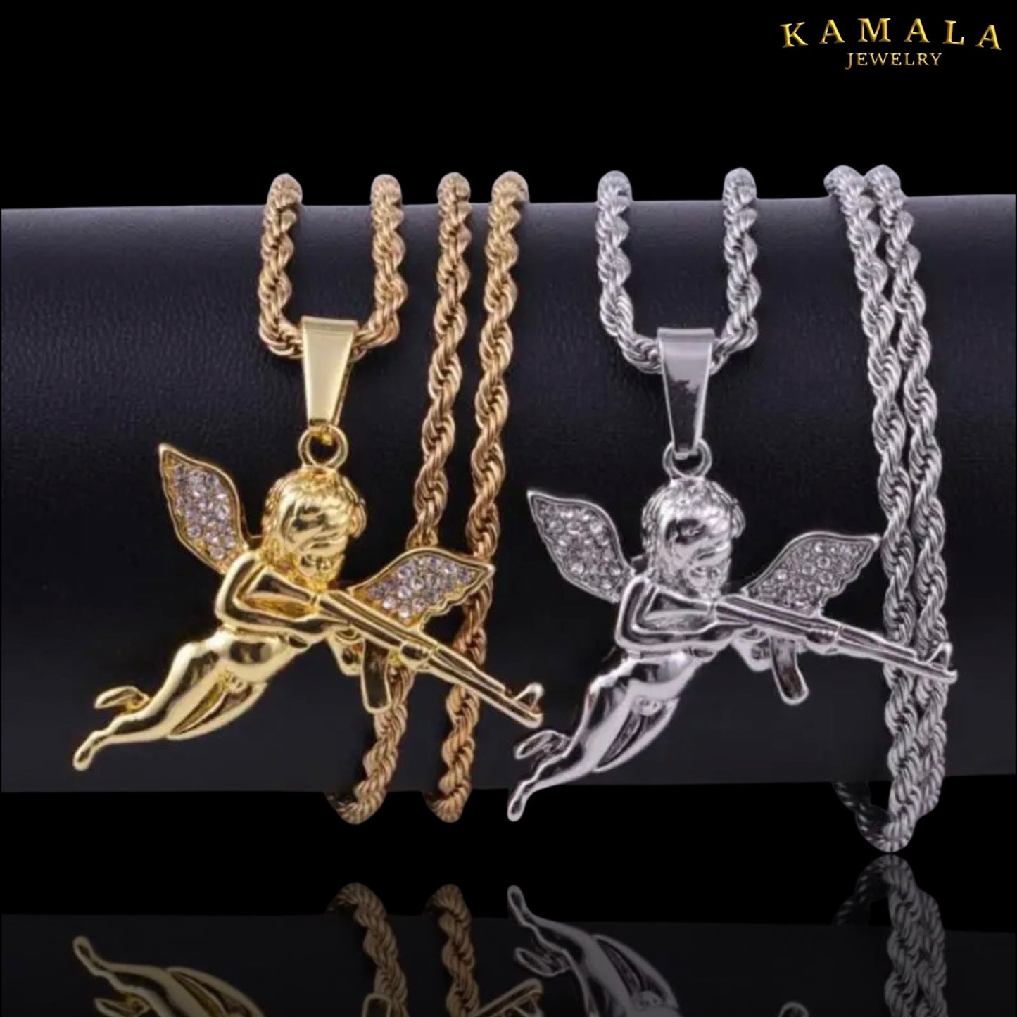 Engel mit AK47 Halskette - Silber & Rheinstones