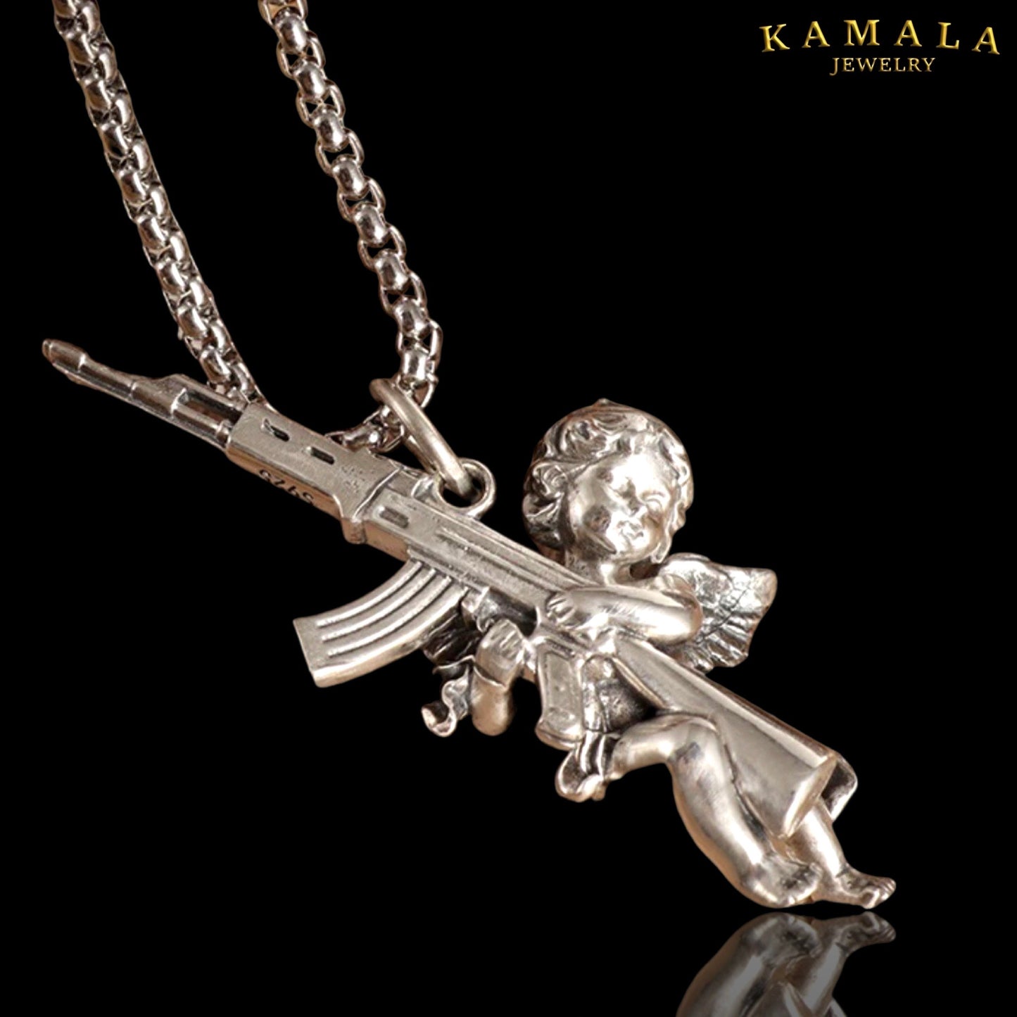 Halskette mit Engel mit Sturmgewähr - Silber