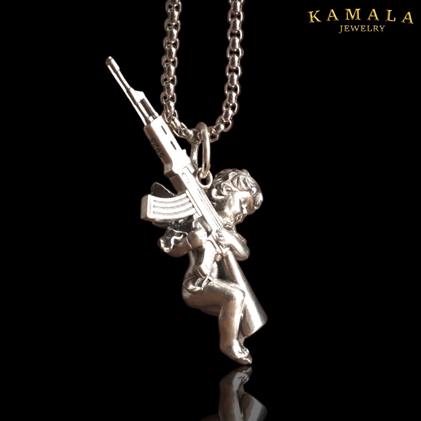 Halskette mit Engel mit Sturmgewähr - Silber