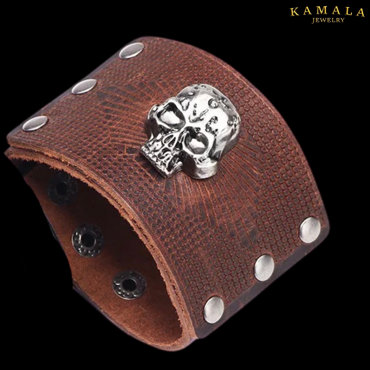 Breites Lederarmband mit Skull - Braun