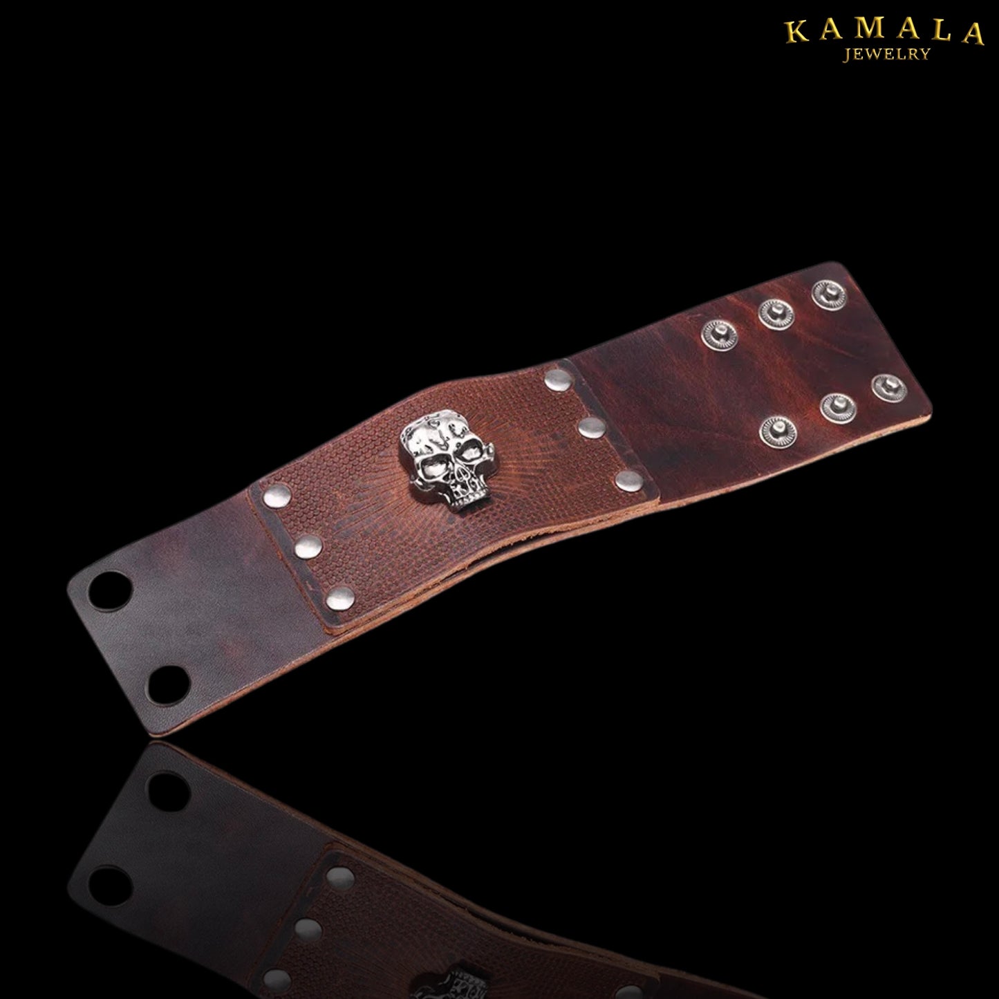 Breites Lederarmband mit Skull - Braun