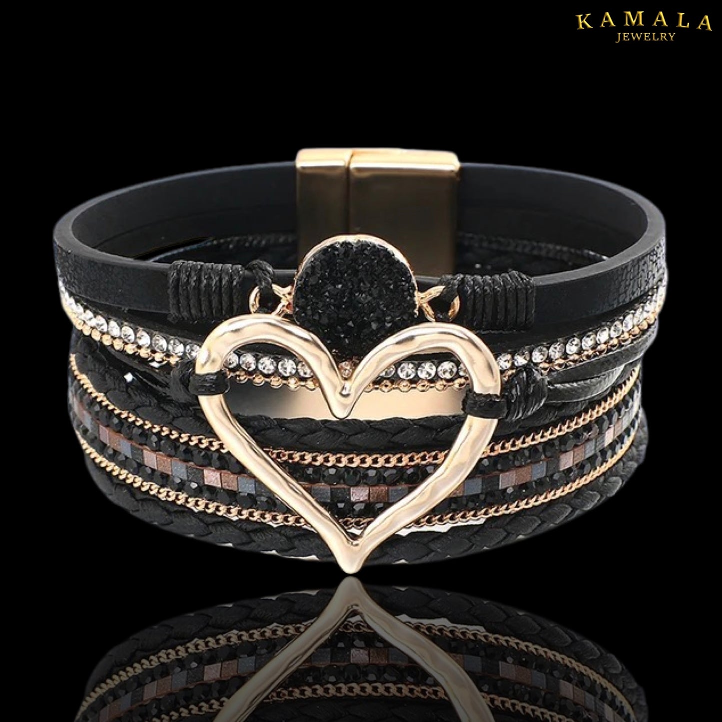 Breites Lederarmband mit Goldenem Herz - Schwarz