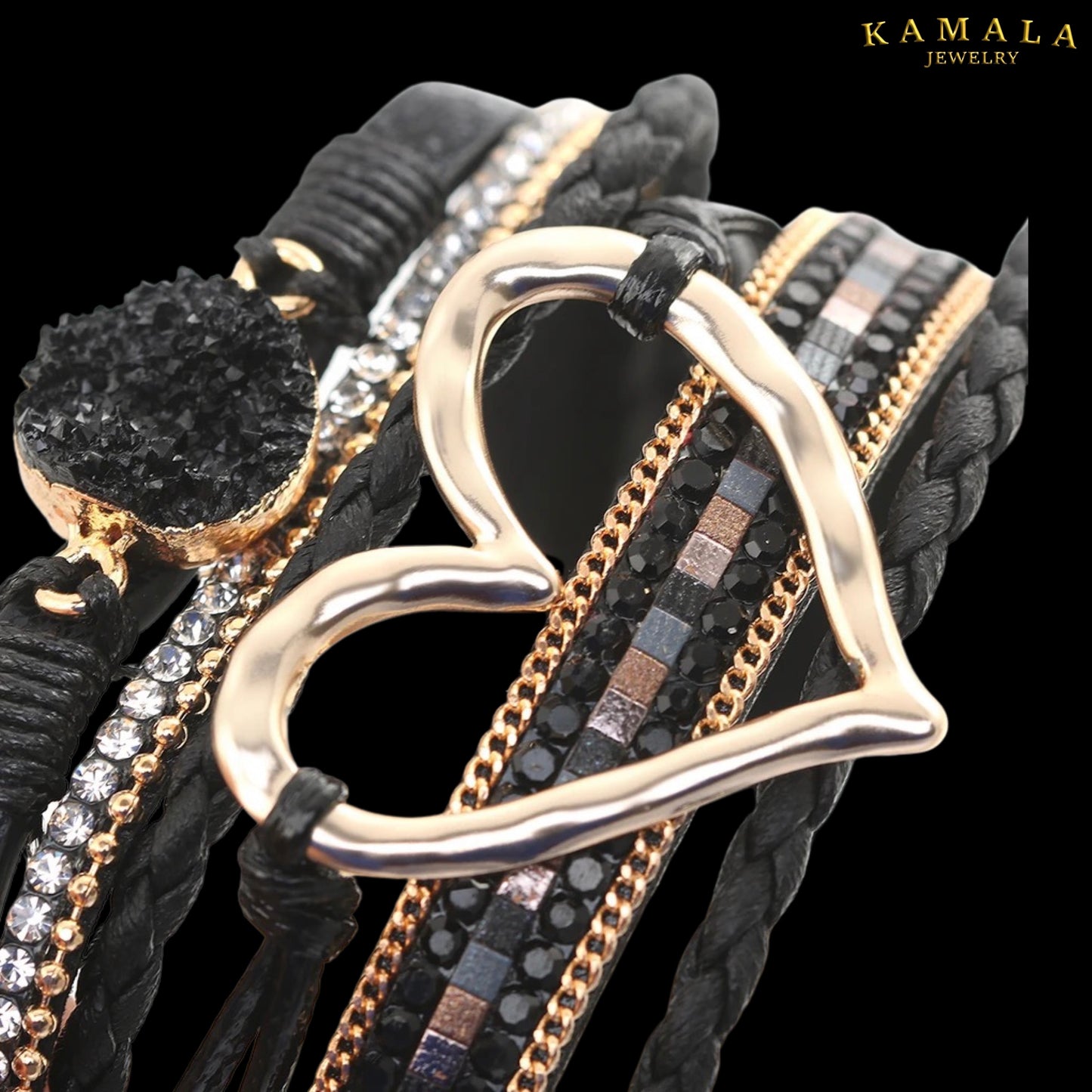 Breites Lederarmband mit Goldenem Herz - Schwarz