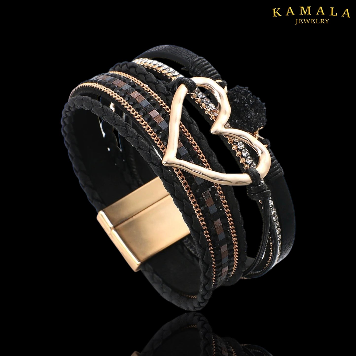 Breites Lederarmband mit Goldenem Herz - Schwarz