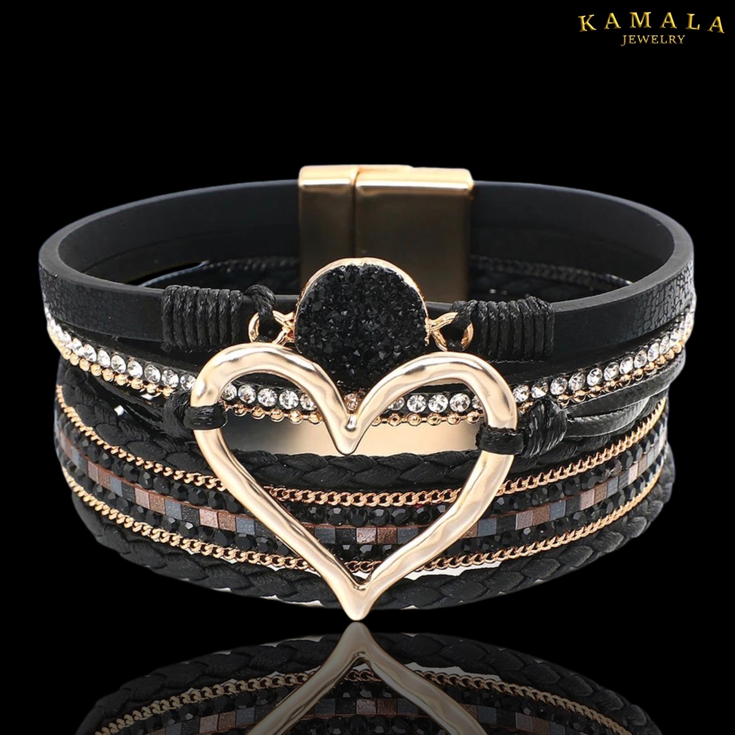 Breites Lederarmband mit Goldenem Herz - Schwarz
