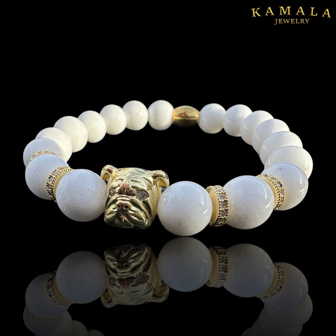 Bulldogge Armband - Weisser Jade & Gold