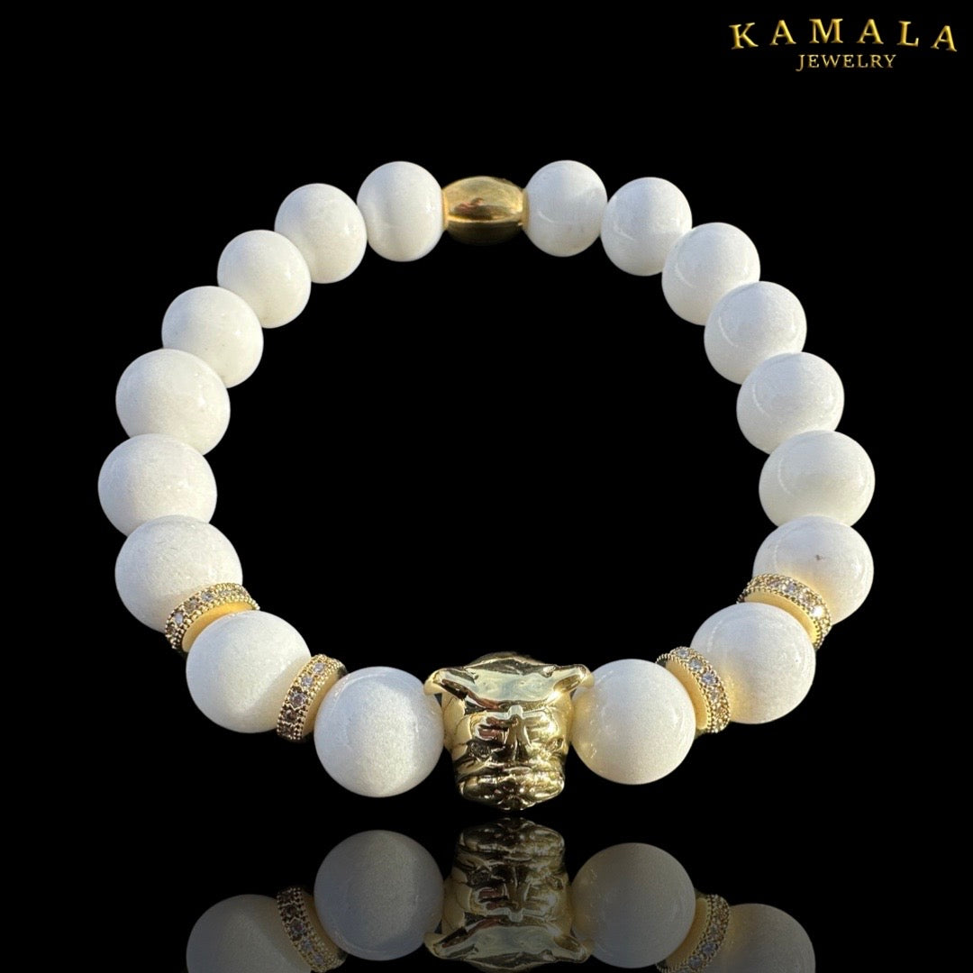 Bulldogge Armband - Weisser Jade & Gold