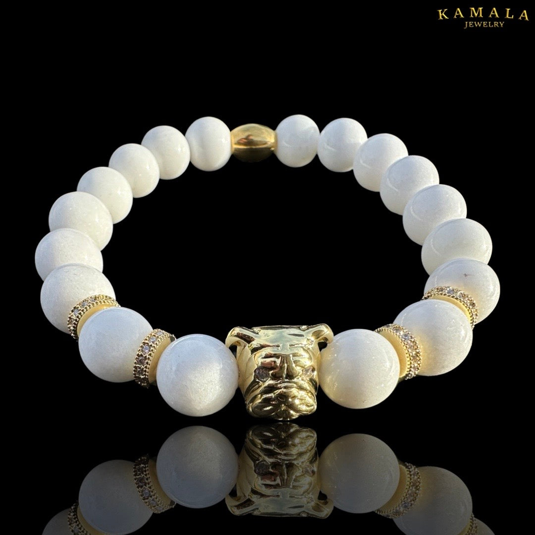 Bulldogge Armband - Weisser Jade & Gold