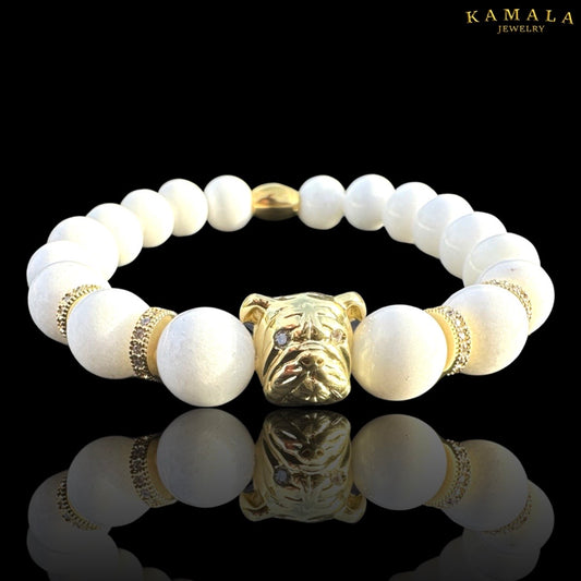 Bulldogge Armband - Weisser Jade & Gold