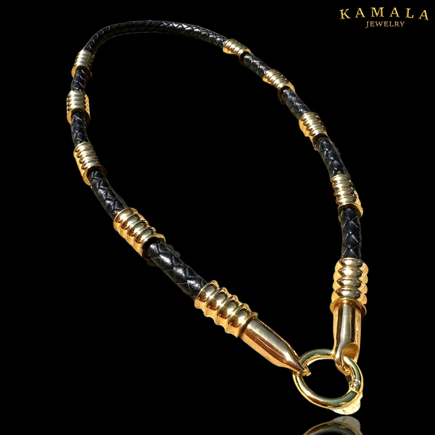 Schwarze Leder Halskette mit Gold - Capone Gold