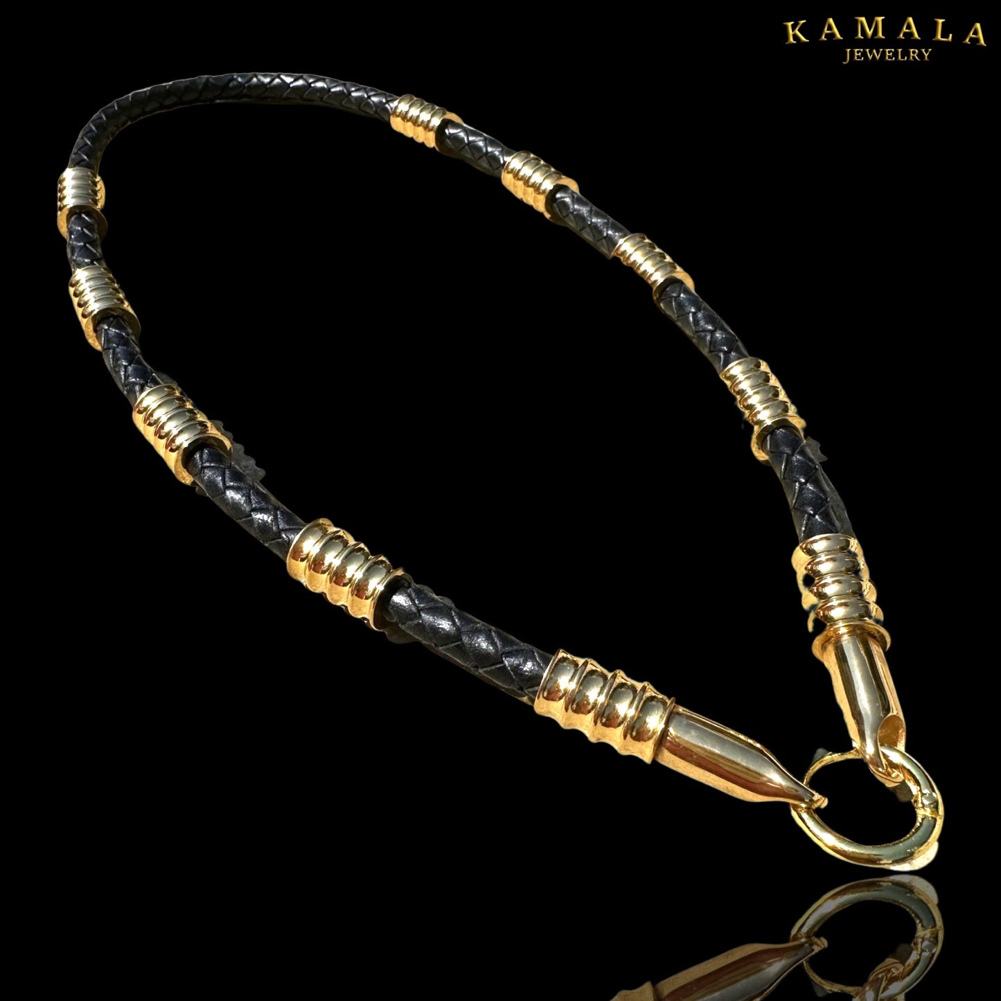 Schwarze Leder Halskette mit Gold - Capone Gold