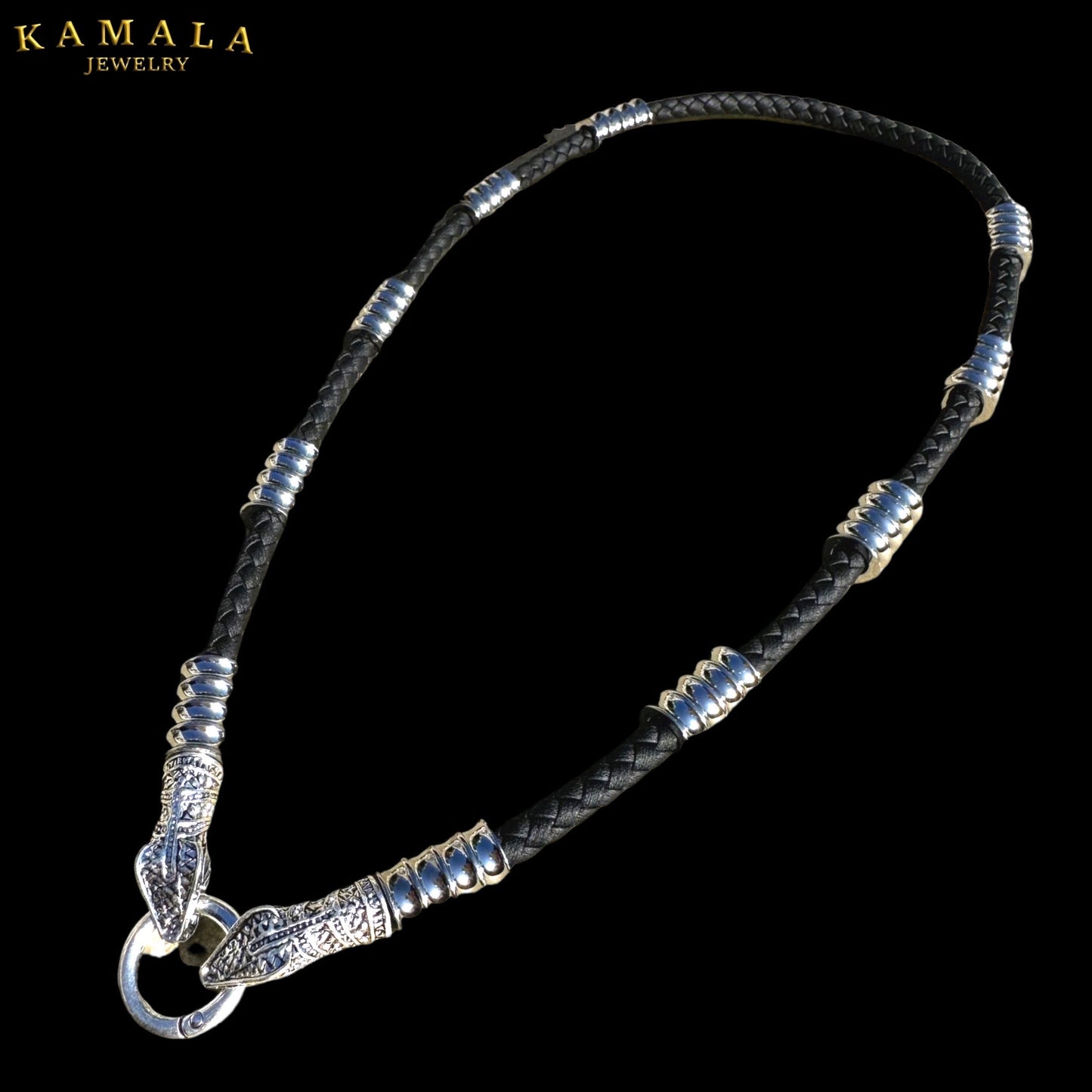 Schwarze Leder Halskette mit Silber & Schlange - Capone Silber Snake
