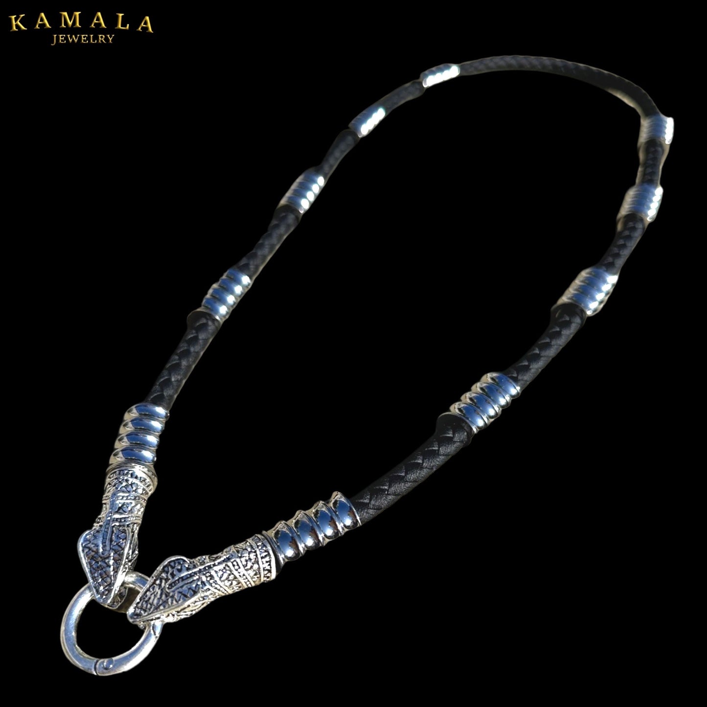Schwarze Leder Halskette mit Silber & Schlange - Capone Silber Snake