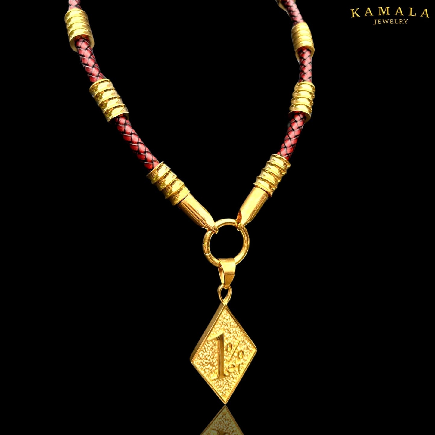 Dunkelrote Leder Rocker Halskette mit Gold - Gotti Gold