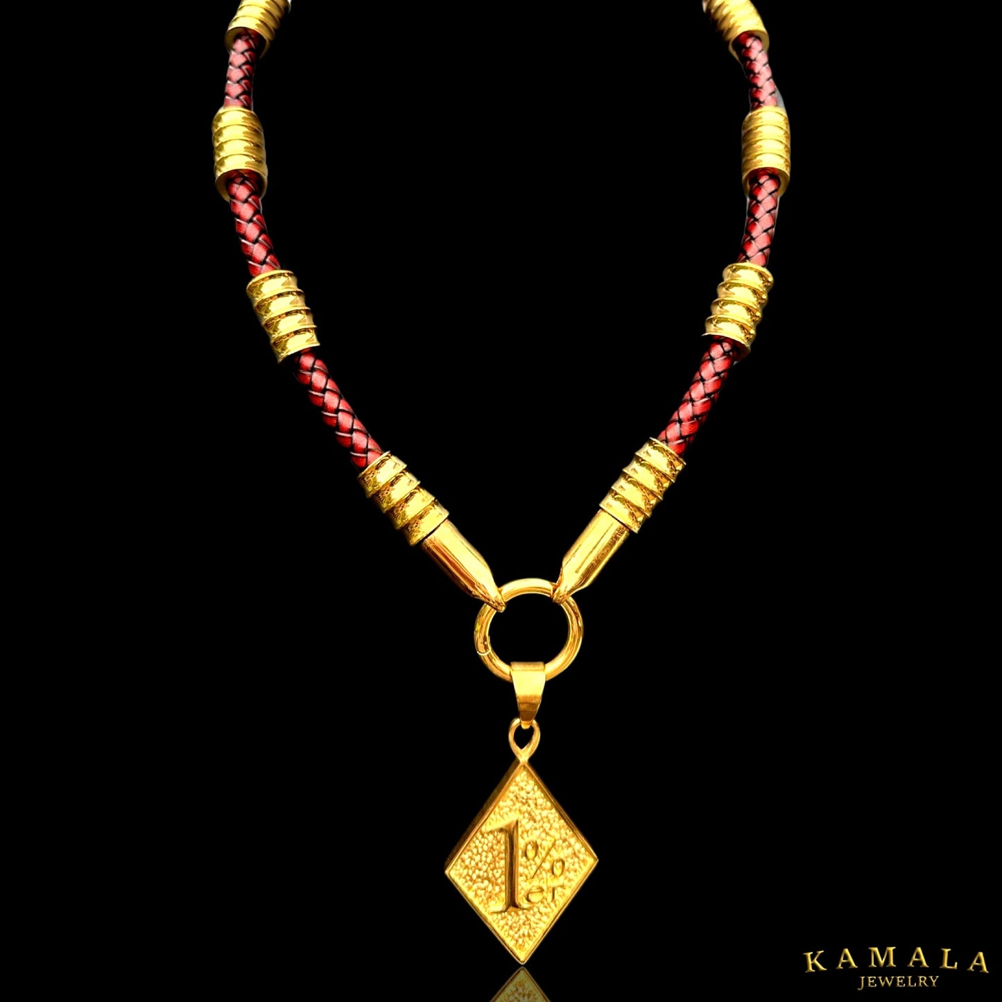 Dunkelrote Leder Rocker Halskette mit Gold - Gotti Gold