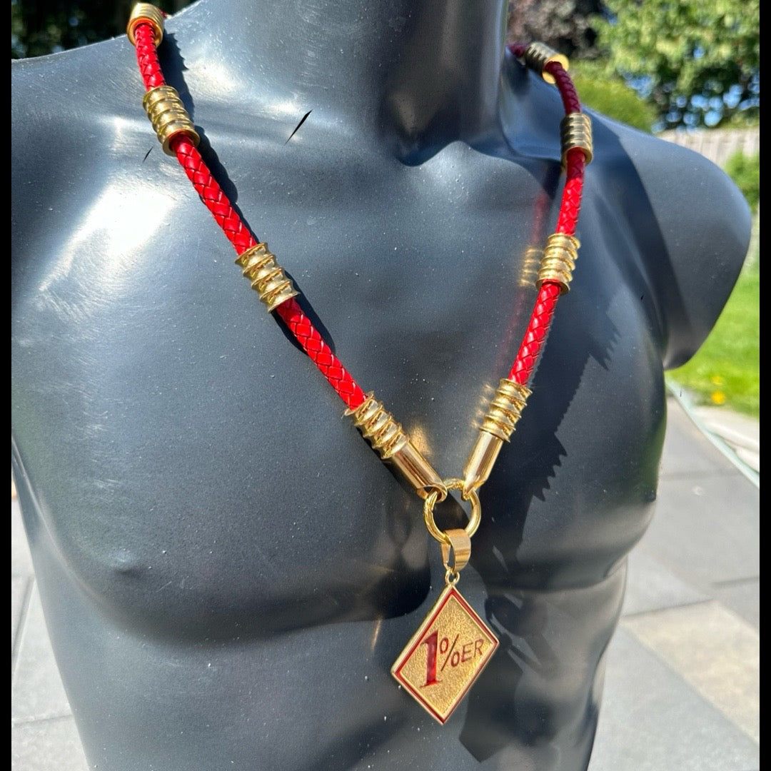 Rote Leder Halskette mit Gold - Gotti Gold