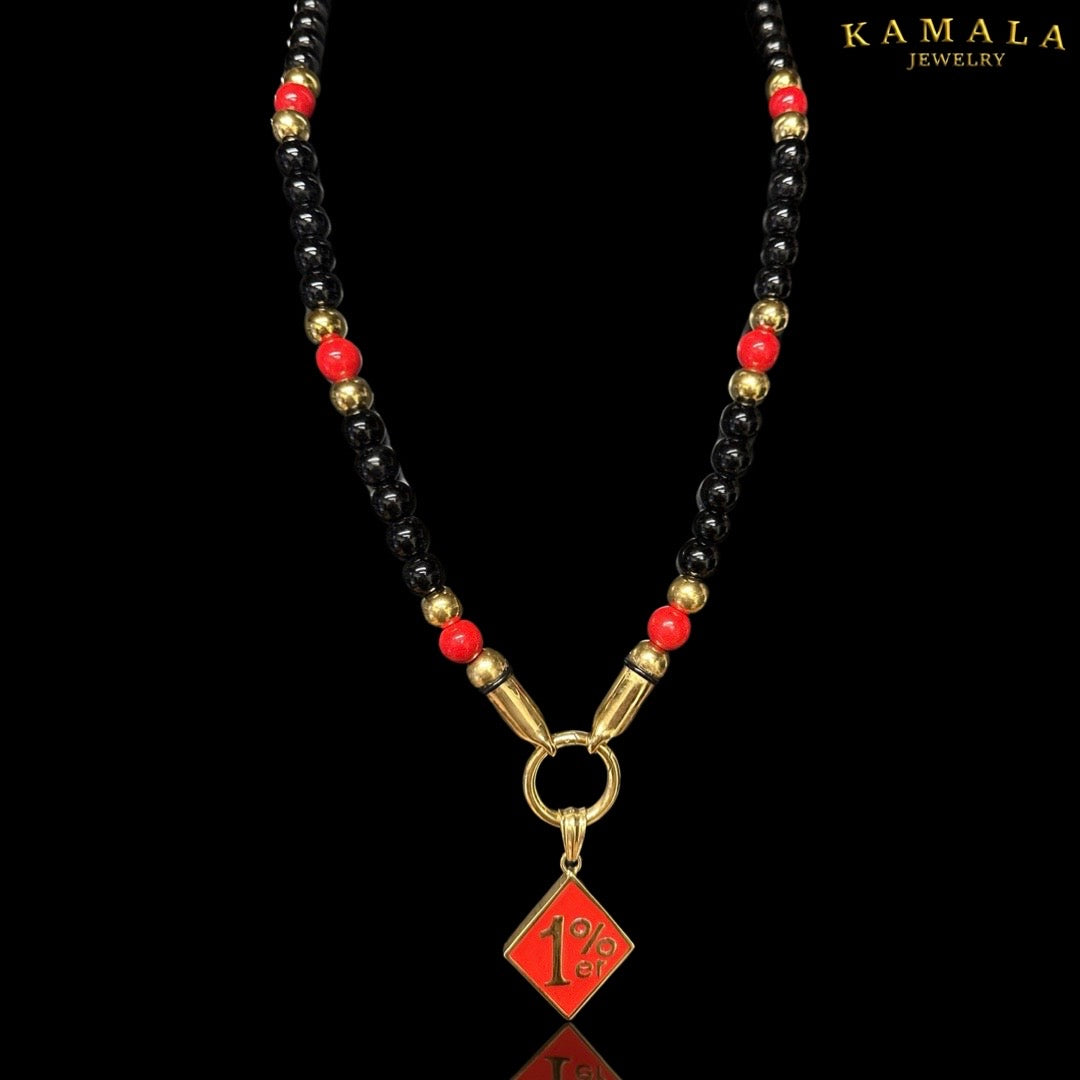 Perlenkette aus Schwarzen Steine - Rot & Gold