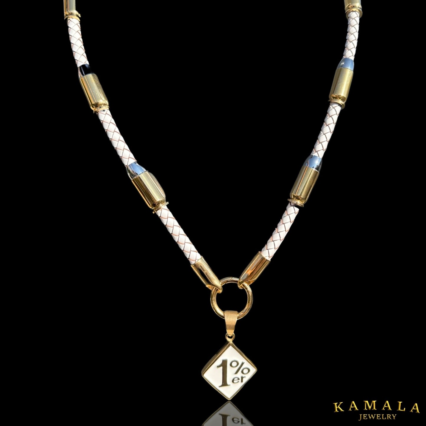 Exklusive Weisse Lederhalskette mit Patronen - Gold & Silber