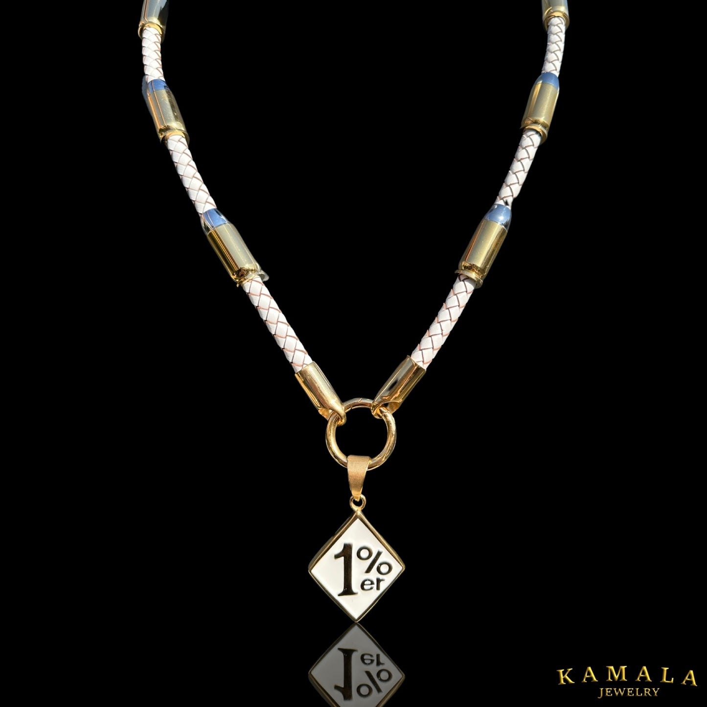 Exklusive Weisse Lederhalskette mit Patronen - Gold & Silber
