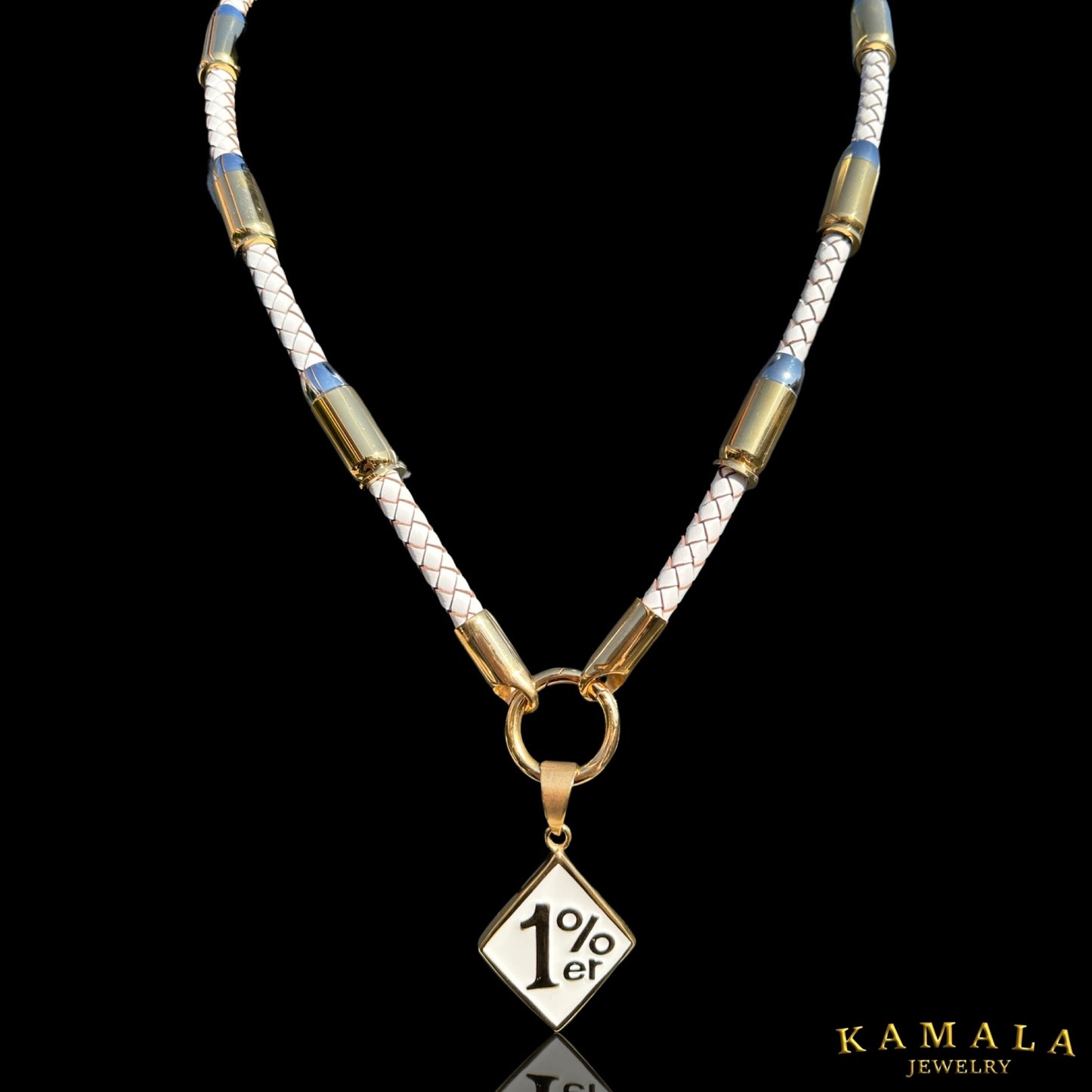 Exklusive Weisse Lederhalskette mit Patronen - Gold & Silber