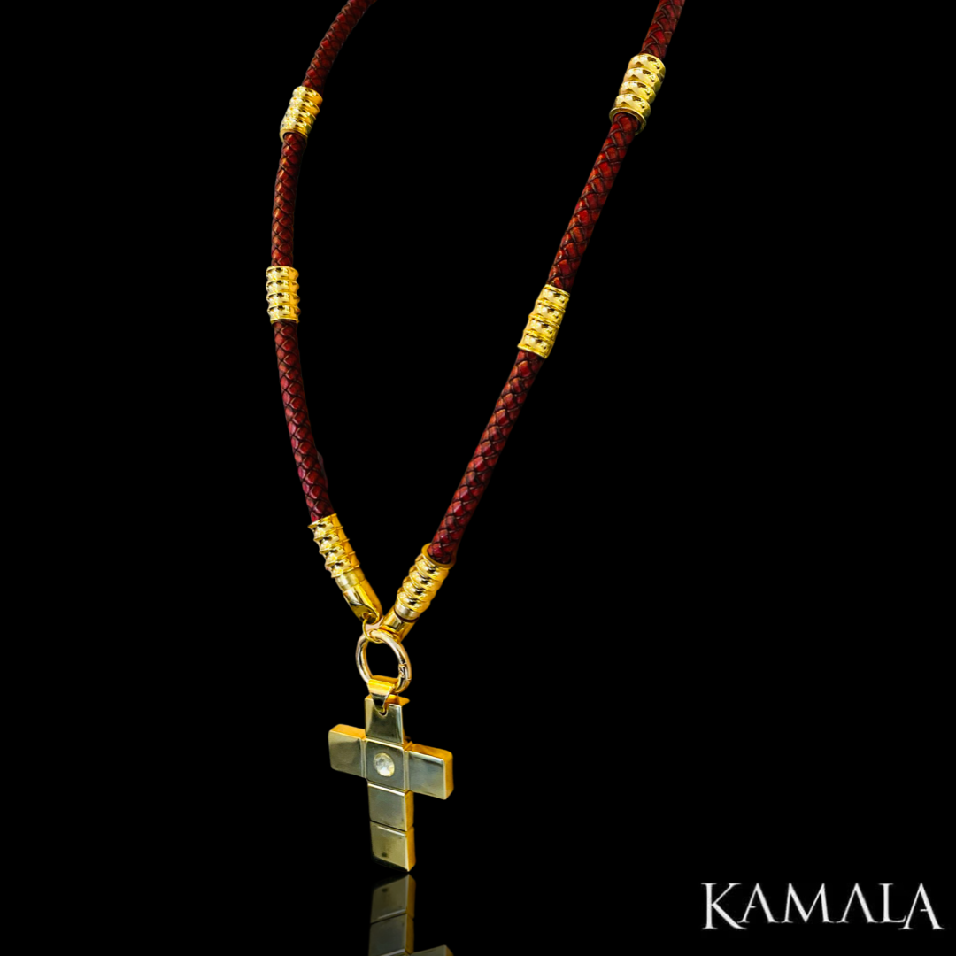 Dunkelrote Leder Rocker Halskette mit Gold - Gotti Gold