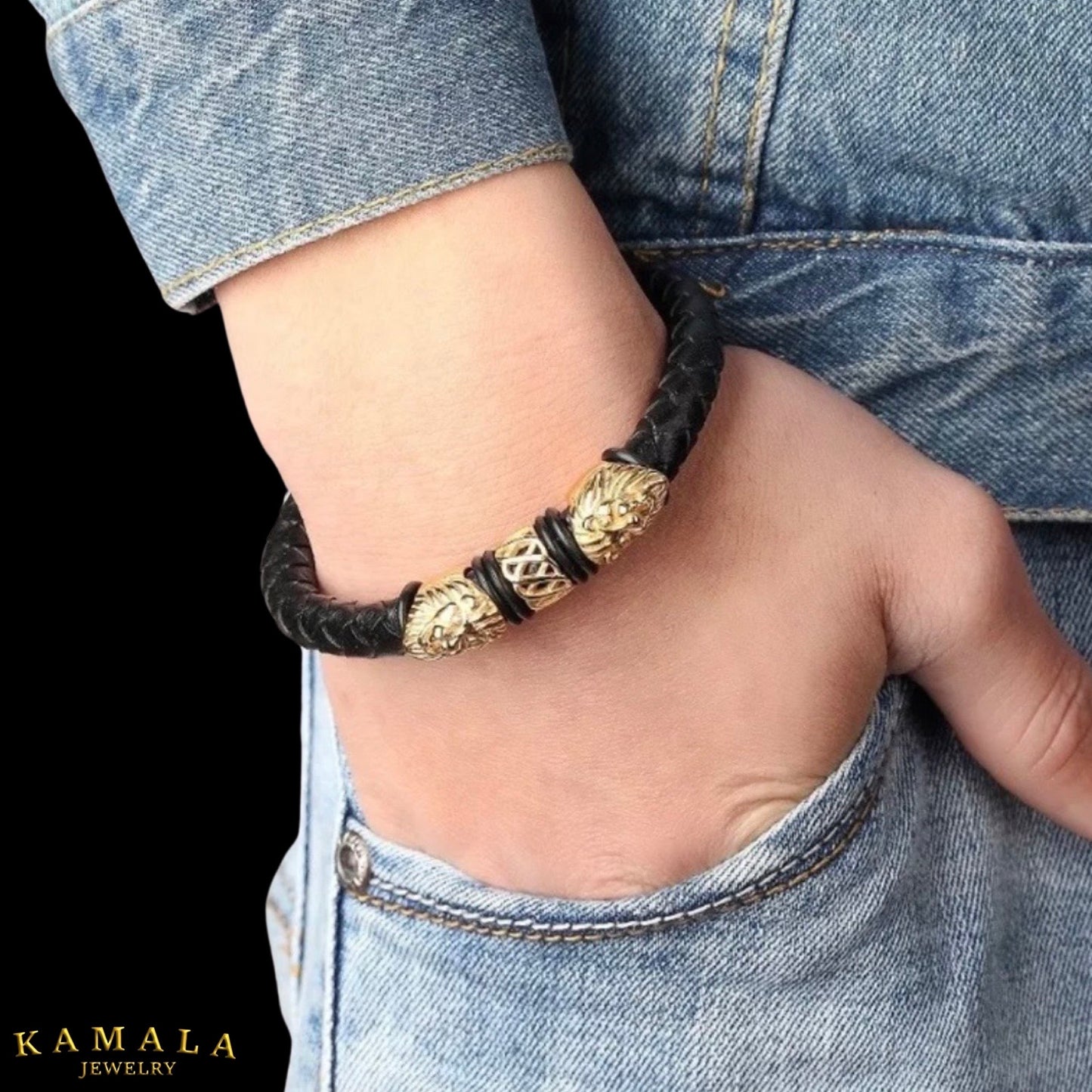 Armband - Leder mit Löwen - Schwarz mit Silber