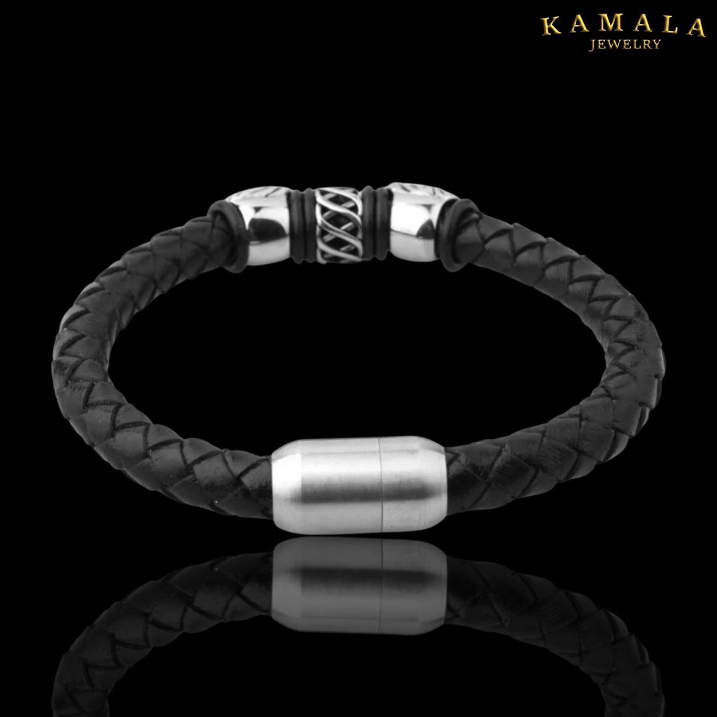 Armband - Leder mit Löwen - Schwarz mit Silber