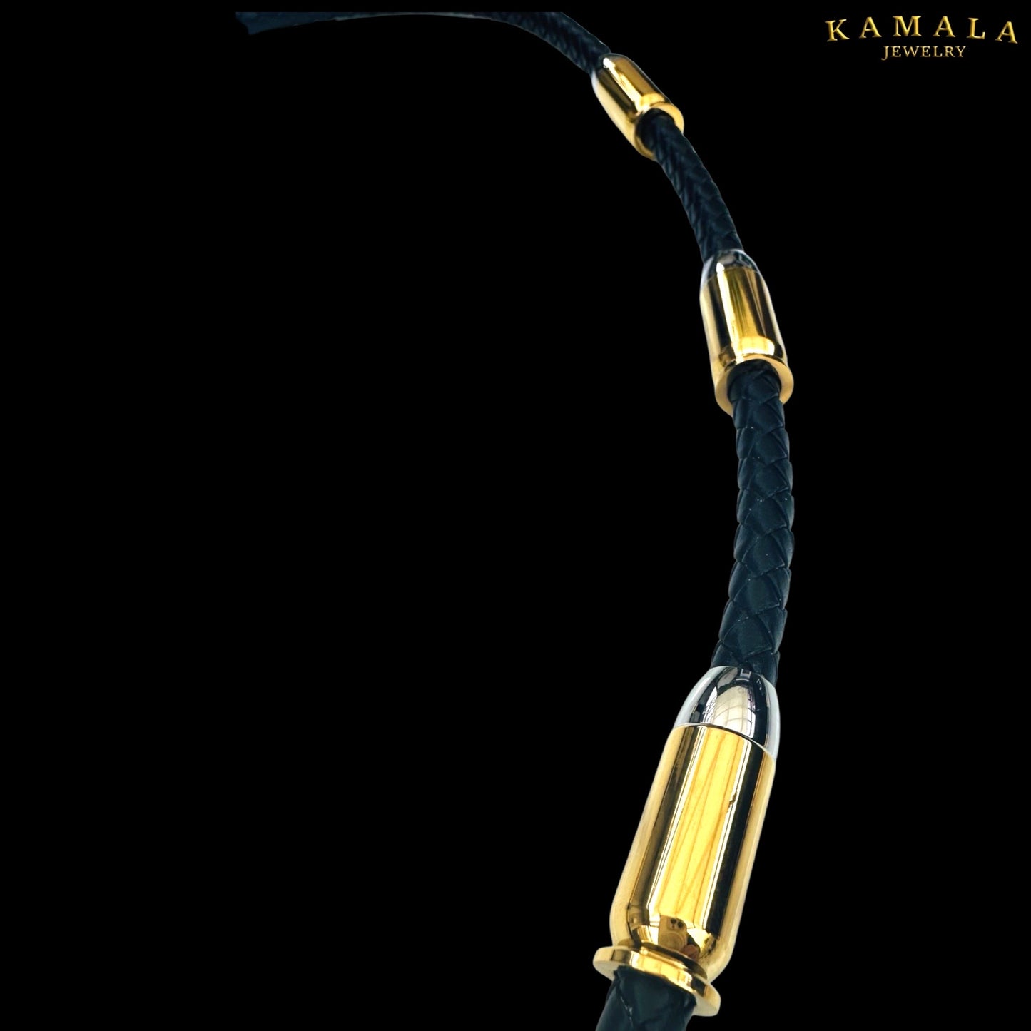 Exklusive Schwarze Leder Halskette mit Patronen - Gold