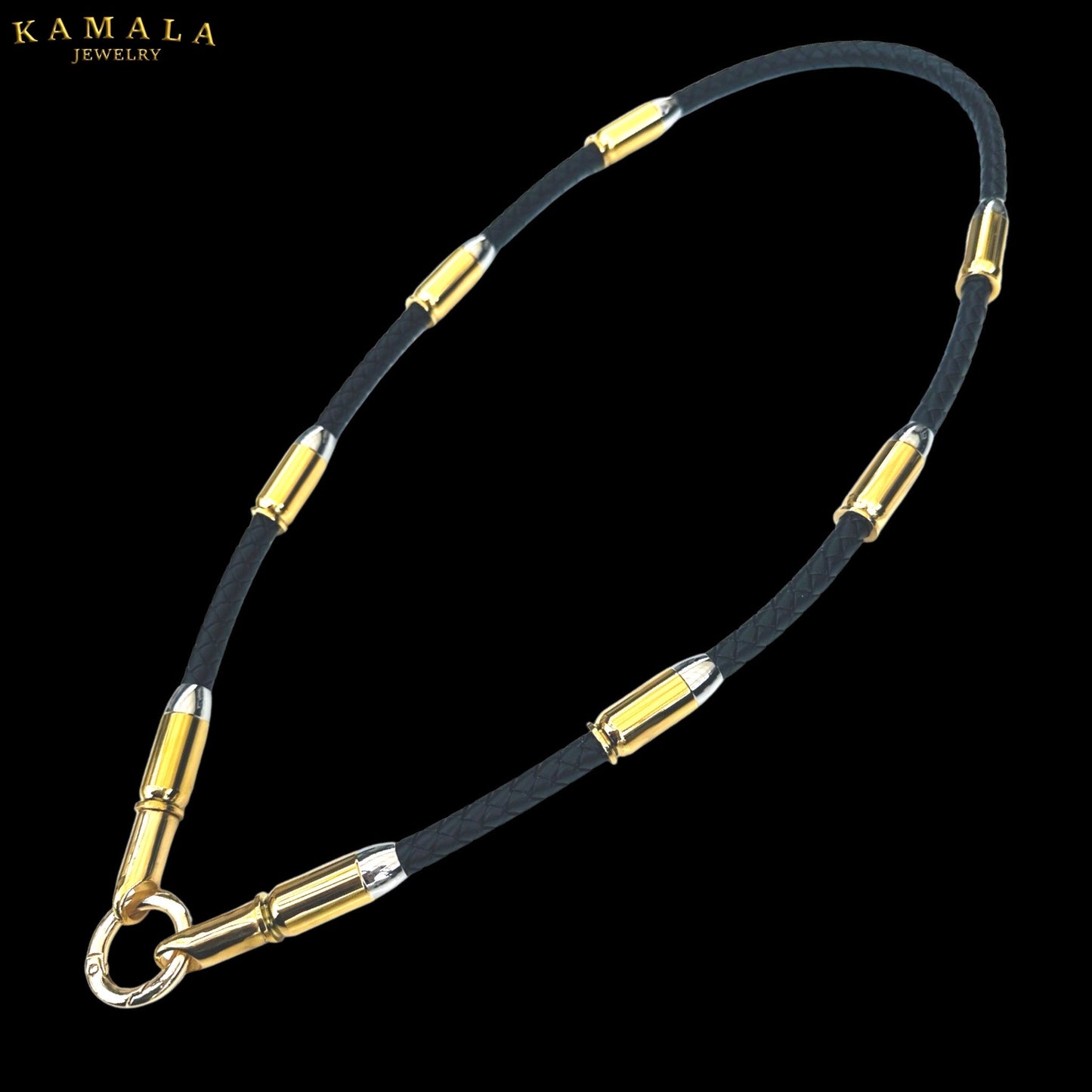 Exklusive Schwarze Leder Halskette mit Patronen - Gold