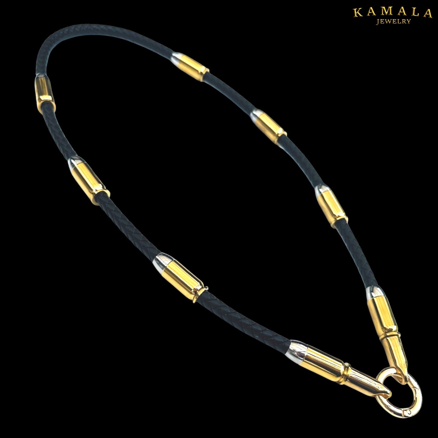 Exklusive Schwarze Leder Halskette mit Patronen - Gold