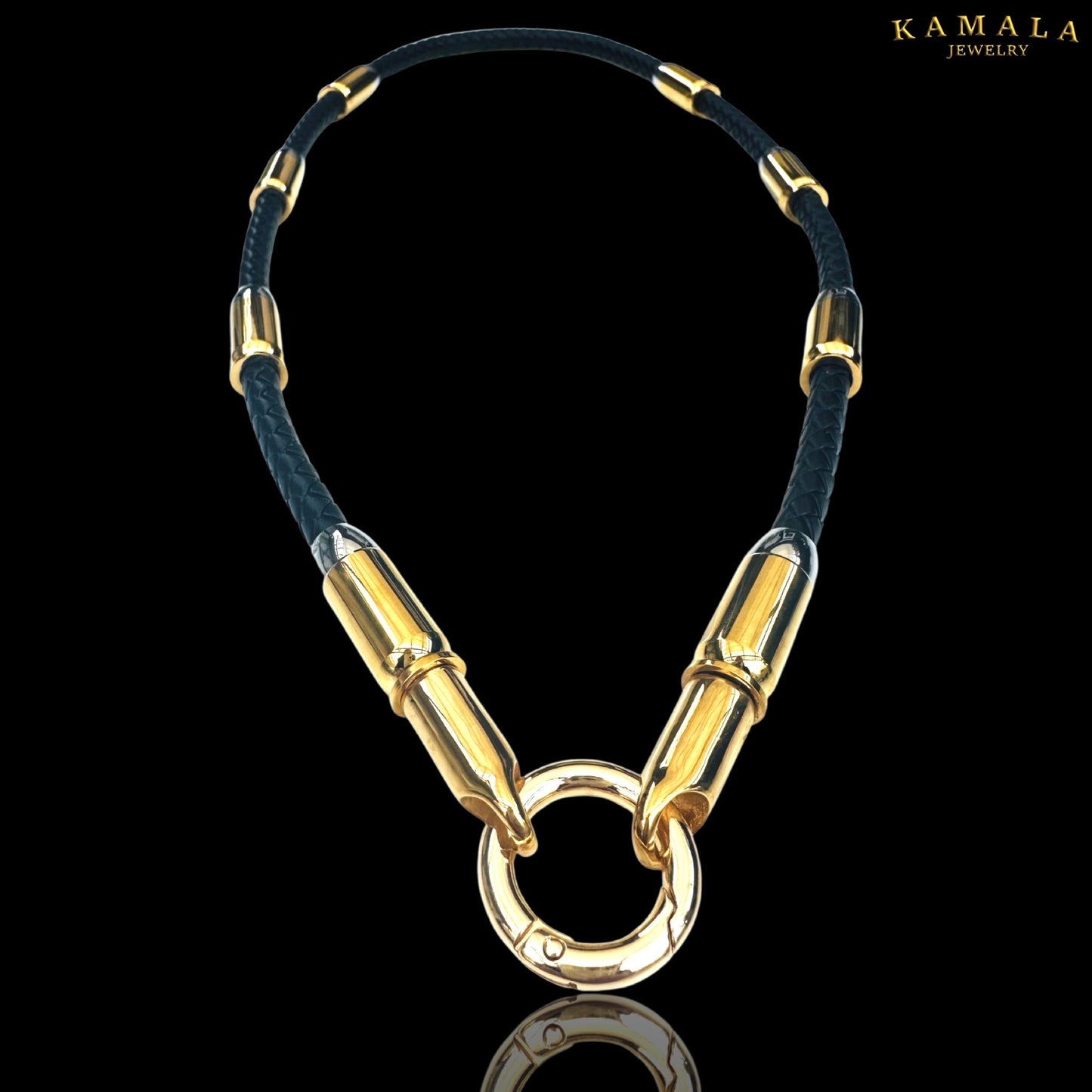 Exklusive Schwarze Leder Halskette mit Patronen - Gold