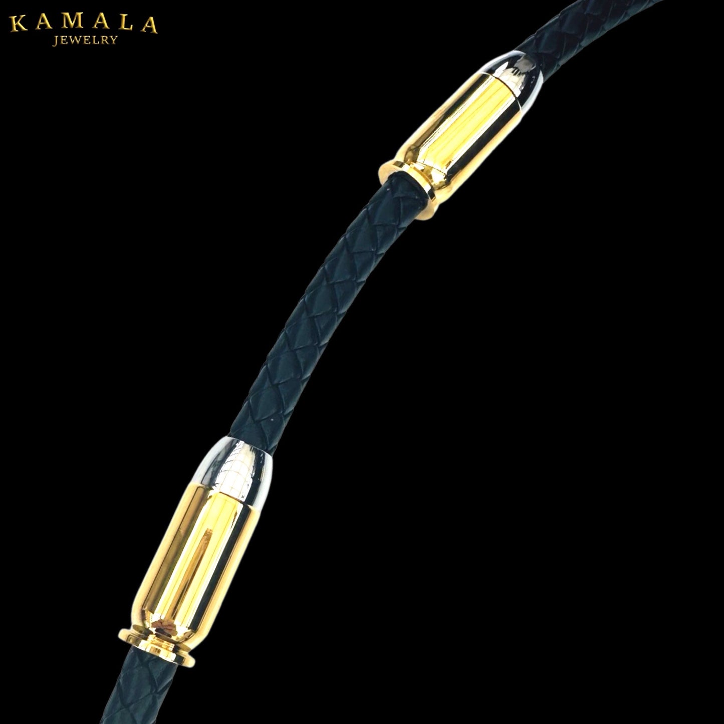 Exklusive Schwarze Leder Halskette mit Patronen - Gold
