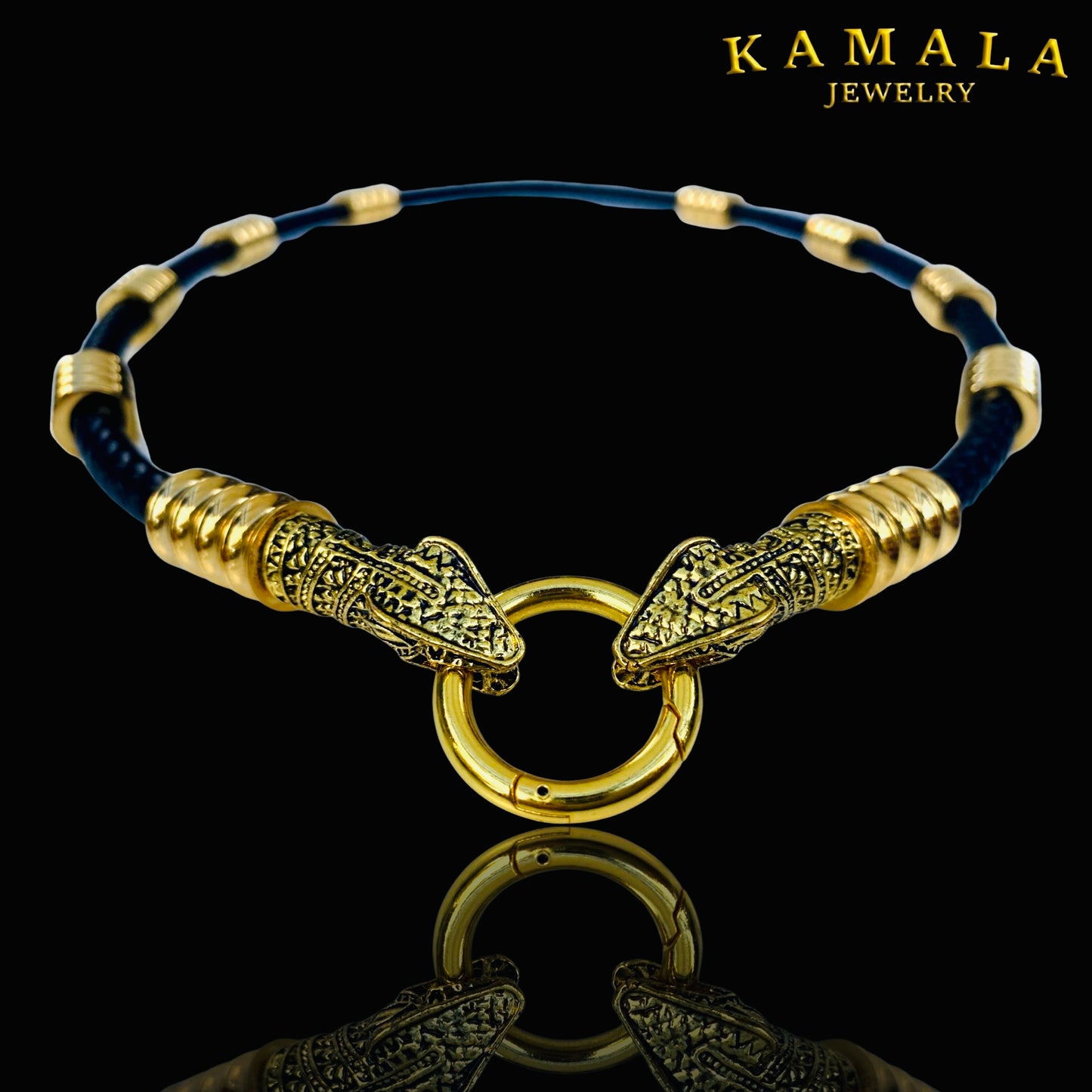 Schwarze Leder Halskette mit Gold & Schlangen - Capone Snake